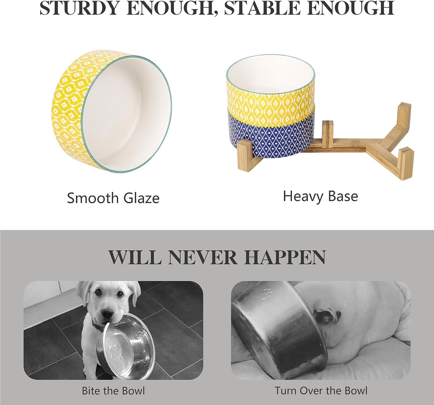 Selamica Ceramic 30 OZ Dog Bowls, Dog Food and Water Bowls with Wooden Stand, Anti-Slip Dog Dishes Set for Cats Small & Medium Sized Dogs, Weighted Pet Bowls Set of 2, Assorted Colors B