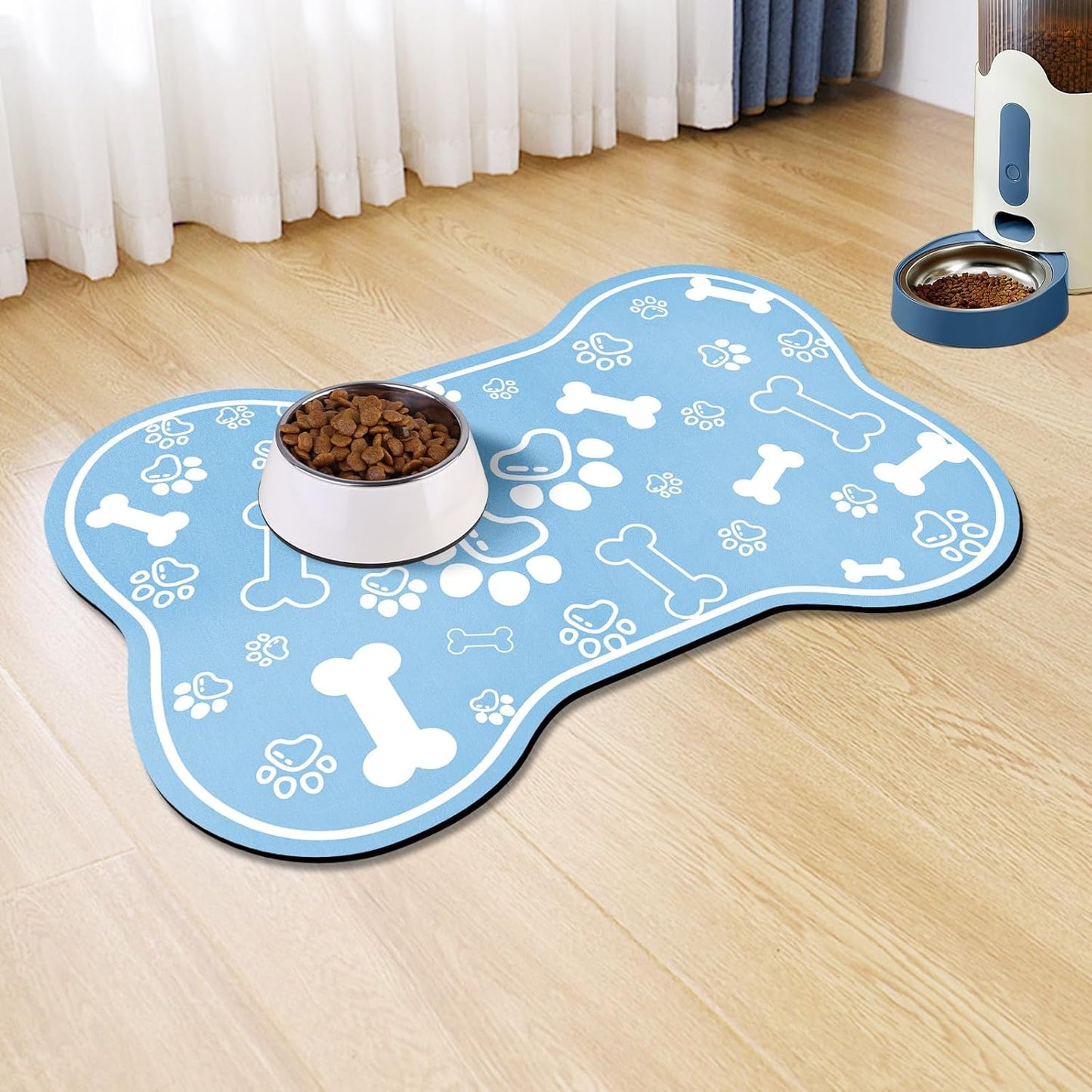 Dog Cat Mat for Food and Water,Rapid Absorbent Pet Feeding Mat, Bone Shaped Dog Placemat Bowl Mat with Rubber Backing,No Stains Pet Food Mats Indoor, Pet Accessories Supplies,Blue 16"×24"