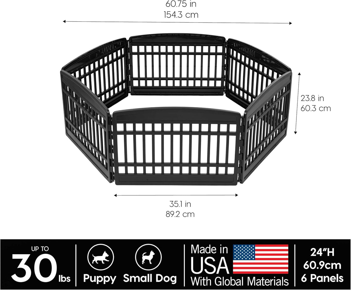 IRIS USA 24" 6-Panel Puppy Playpen, 61 x 61 x 24, Puppy Fence, Dog Playpen, Dog Play Pen Indoors, Pet Fence, Puppies/Small Dogs, Black