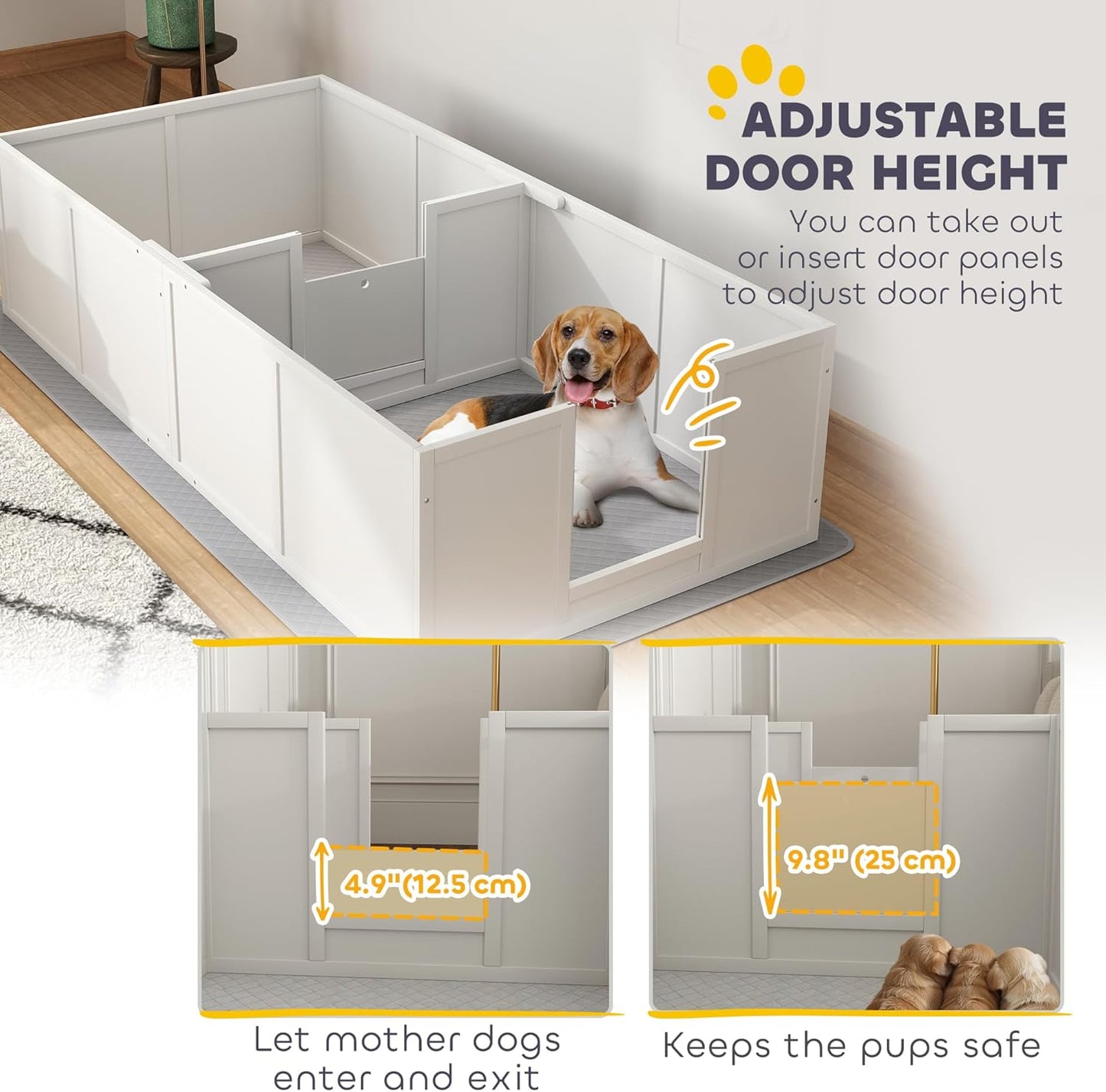 PawHut Whelping Box for Dogs and Puppies, Whelping Pen with Washable Waterproof Pee Pad & Adjustable Door for Medium and Small Dogs, White, 77" x 38" x 19"