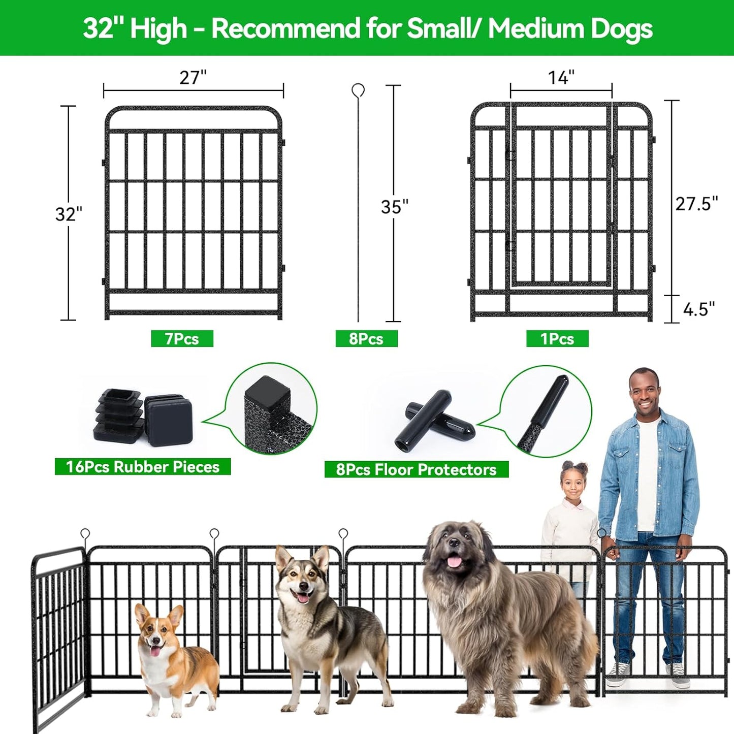 Dog Playpen Outdoor 8 Panels Heavy Duty Dog Fence 32" Height with Thick Pipe Anti-Rust with Doors Portable for RV Camping Yard, Total 18FT, 25 Sq.ft, Snowy Black