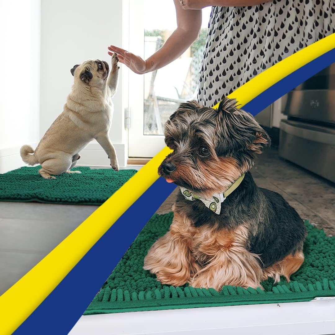 Muddy Mat® AS-SEEN-ON-TV Highly Absorbent Microfiber Dog Door Mat and Pet Rug, Non Slip Thick Washable Area and Bath Mat Soft Chenille for Kitchen Bathroom Bedroom and Indoor- Dark Green Large 35"X24"