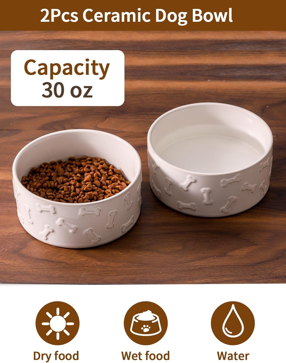 UBEE Ceramic Dog Food Bowl Set of 2, 6.1 inch Dog Bowls Dish with Bone Pattern, Pet Food Water Dish Feeding for Small and Medium Dogs and Large Cat, White