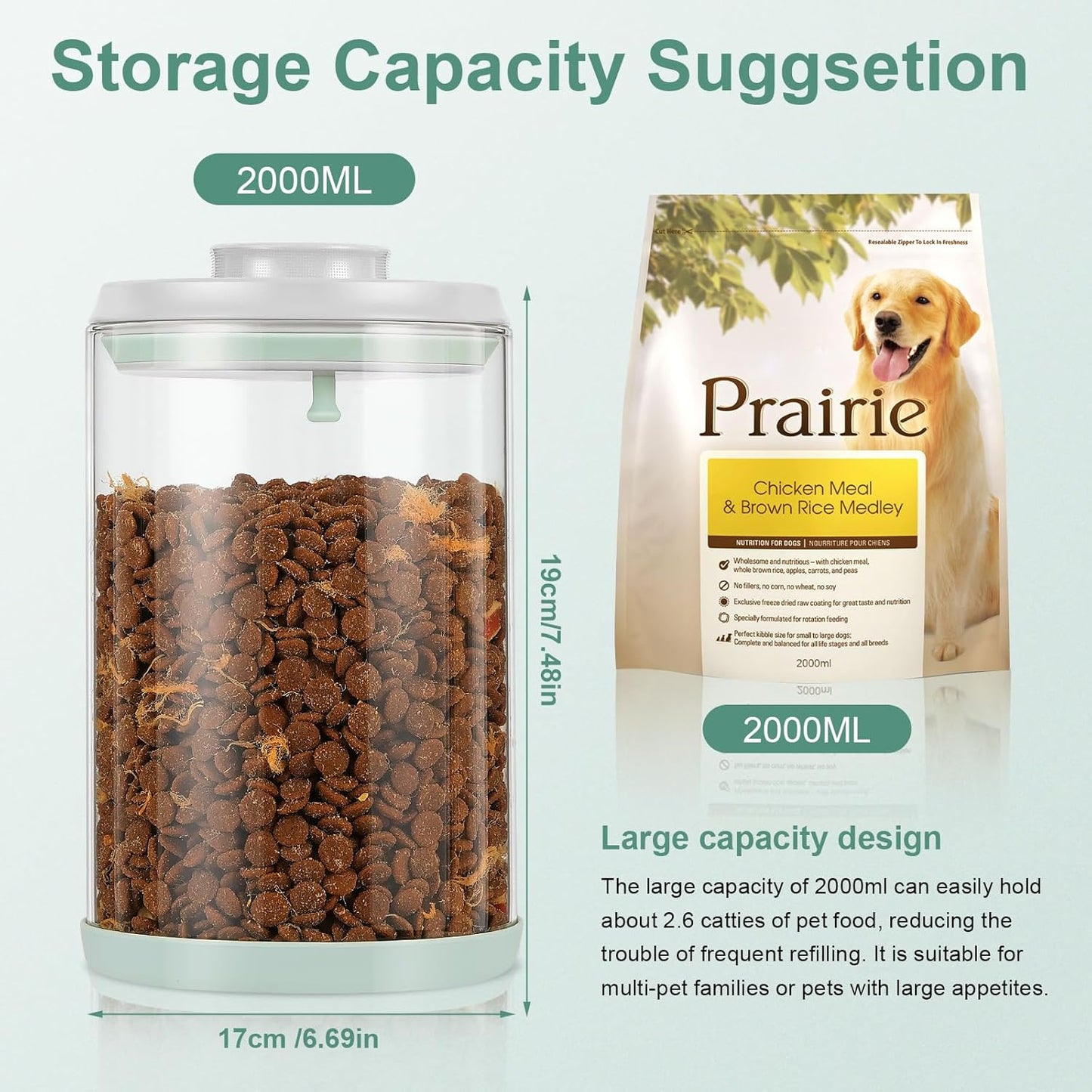 Dog Treat Container Airtight Jar 2.2Qt/2L, Glass Food Jars with One-Touch Lid for Dog or Cat Treats, Kibble, Snacks – Pantry Storage Canister for Kitchen or Countertop (2.2Qt - 2L)