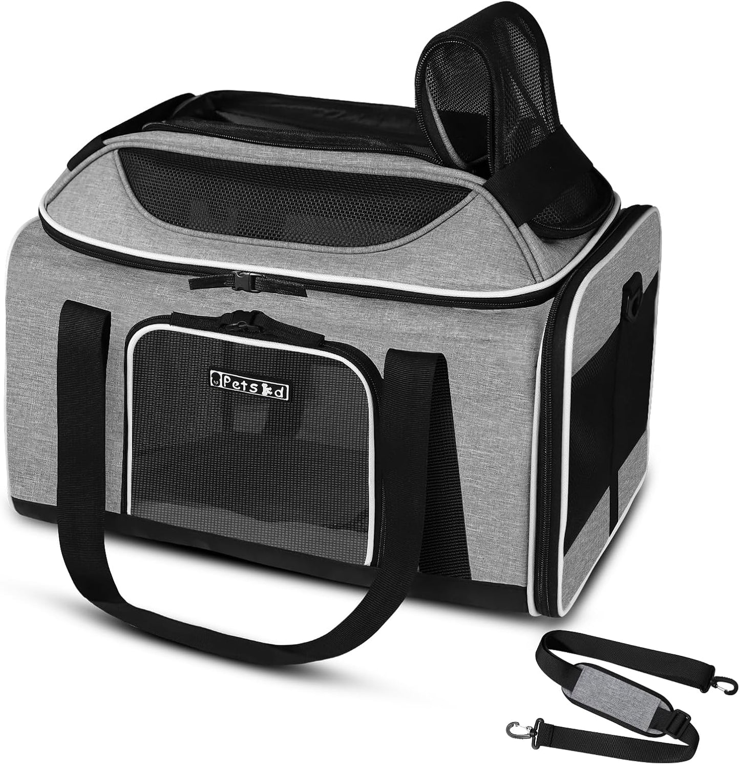 Petskd Top-Expandable Pet Carrier 18x11x11 Inches Delta American United Airline Approved, Soft-Sided Carrier for Small Cats and Dogs with Locking Safety Zippers and Anti-Scratch Mesh(Grey)