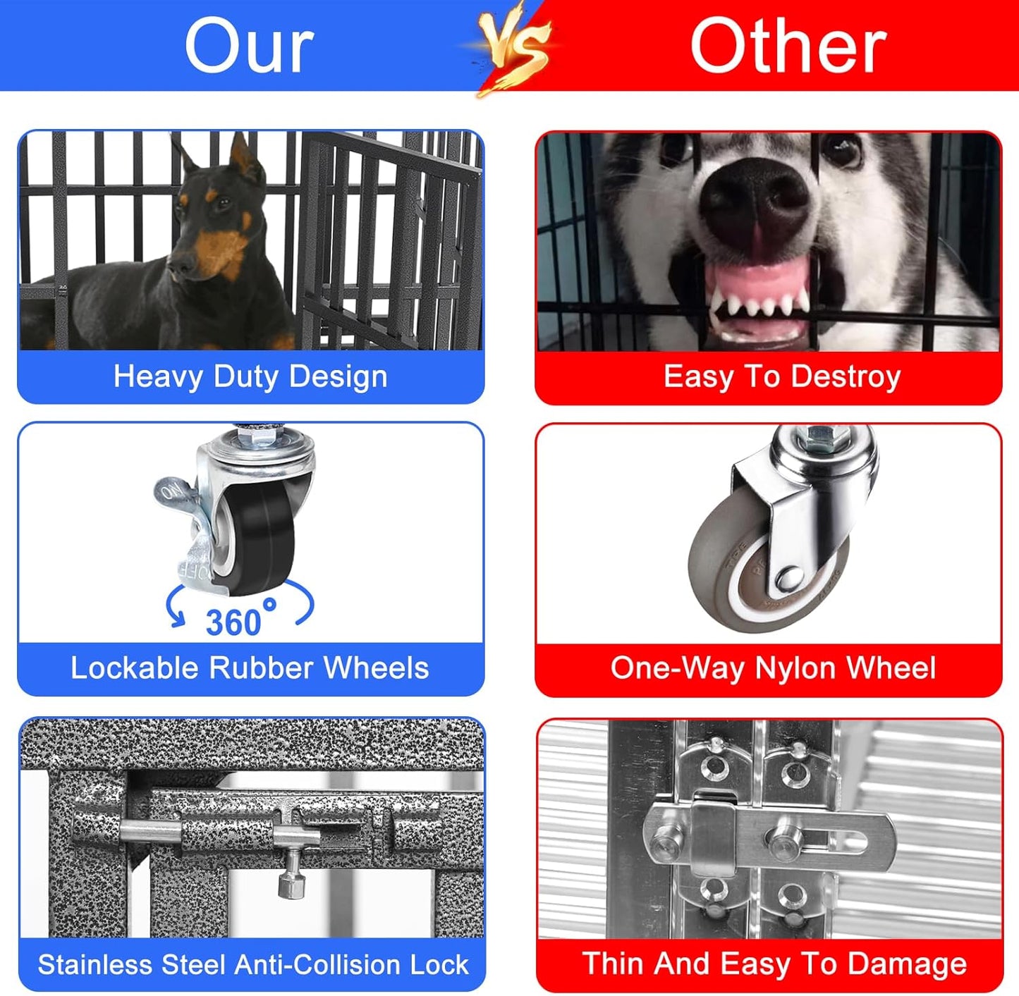 Confote 48" Heavy Duty Dog Crate Cage Kennel Metal Pet Crate Cage Indoor Outdoor Pet Kennel for Large Dogs with Removable Tray, Double Door