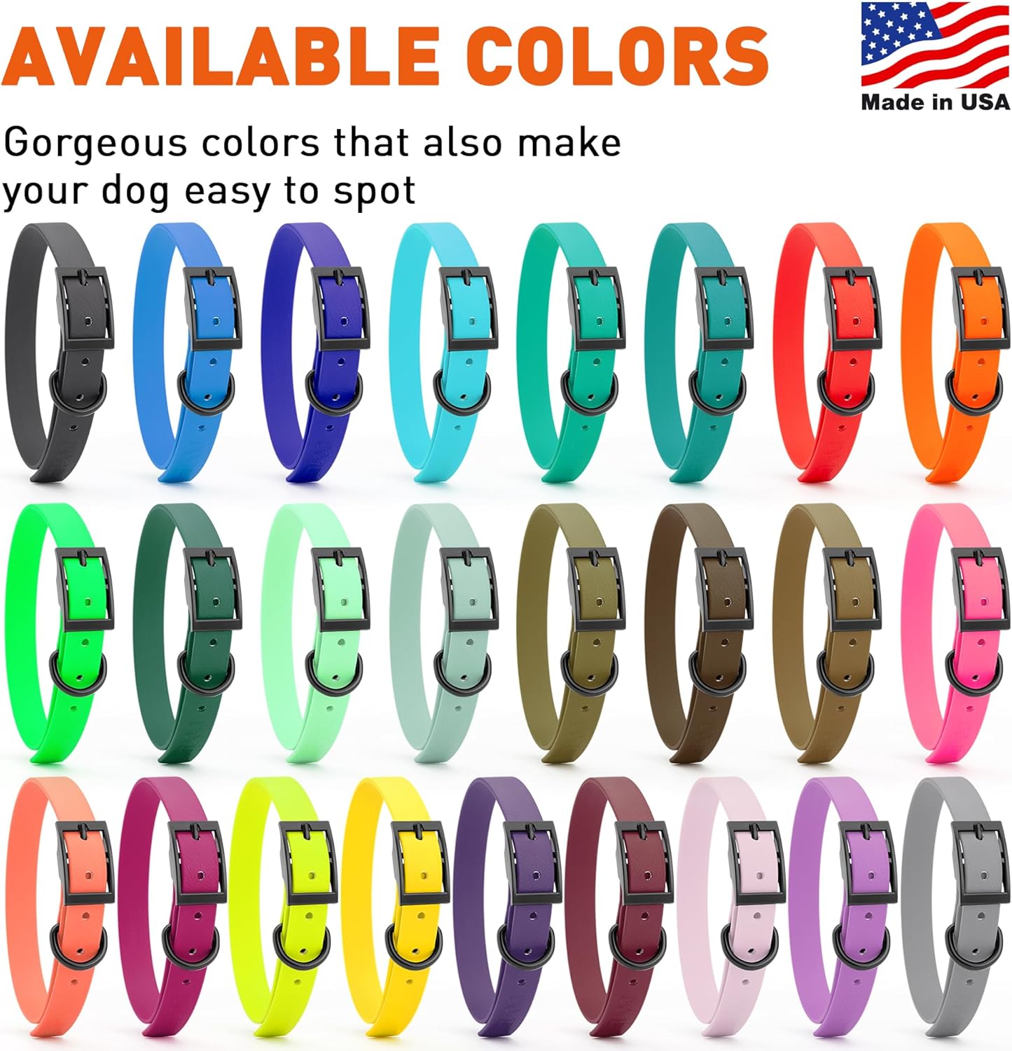 Dogline Biothane Waterproof Dog Collar Strong Coated Nylon Webbing with Black Hardware Odor- Proof for Easy Care Easy to Clean High Performance Fits Small Medium or Large Dogs, Hunter Orange