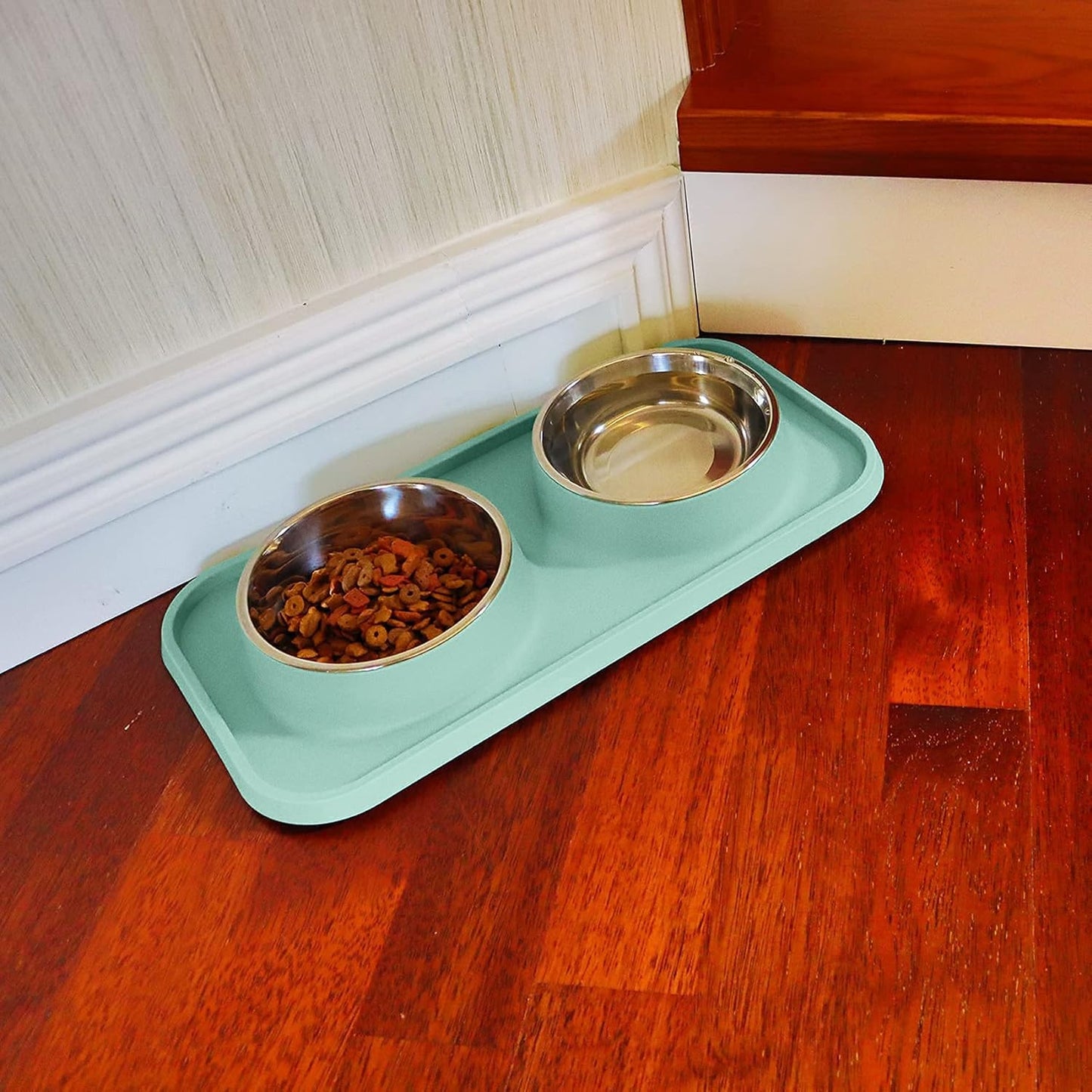Cat Food Bowls, Cat Bowls Non-Skid and Non-Spill Silicone Pads with PP Stand, Removable Stainless Steel Food and Water Dishes for Cats, Small Size Dogs