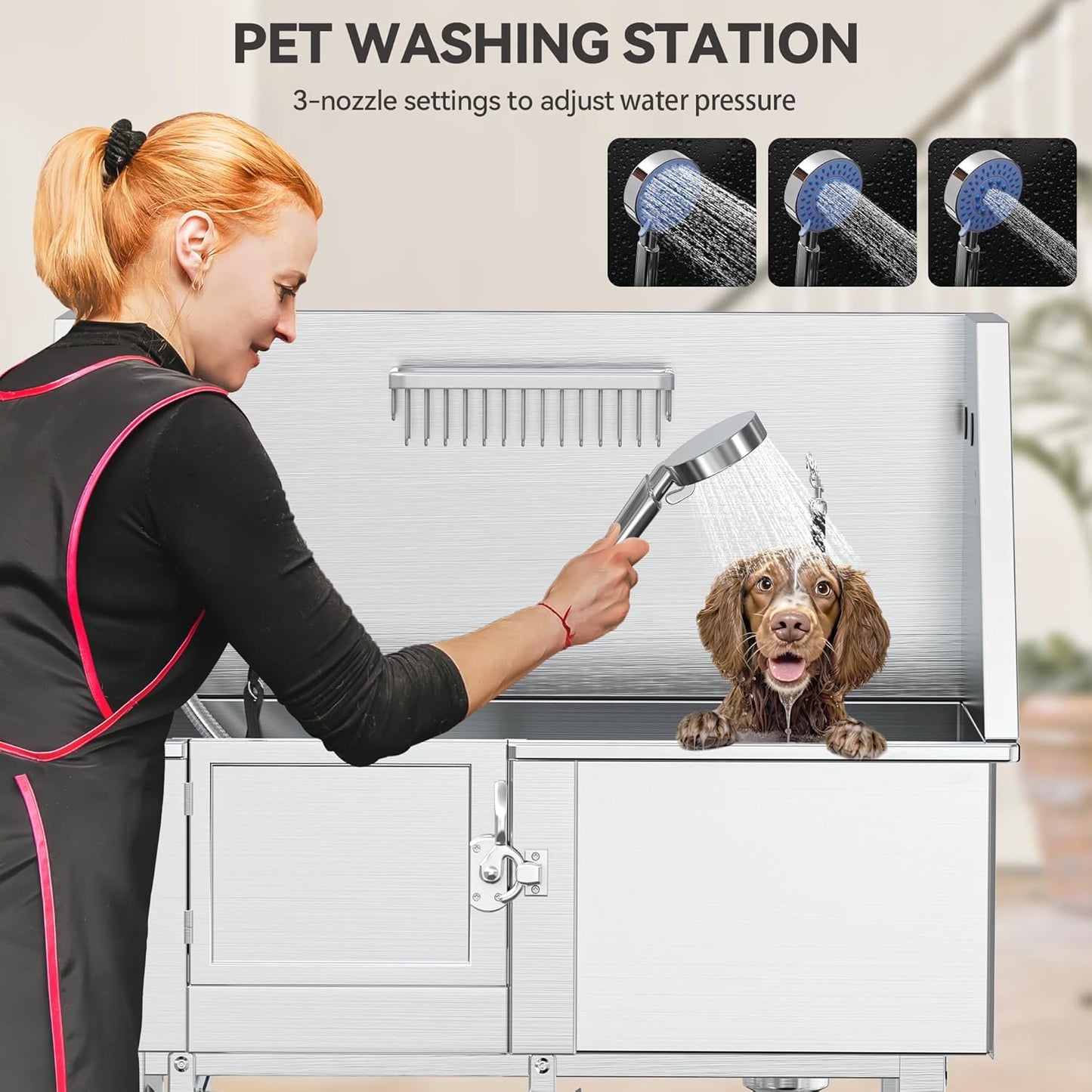 YITAHOME Dog Grooming Bathtub 38in, Professional 304 Stainless Steel Dog Bathing Station Tub w/Left Stairs, Faucet, Floor Grate, Pet Washing Station for Small, Medium, Indoor, Outdoor