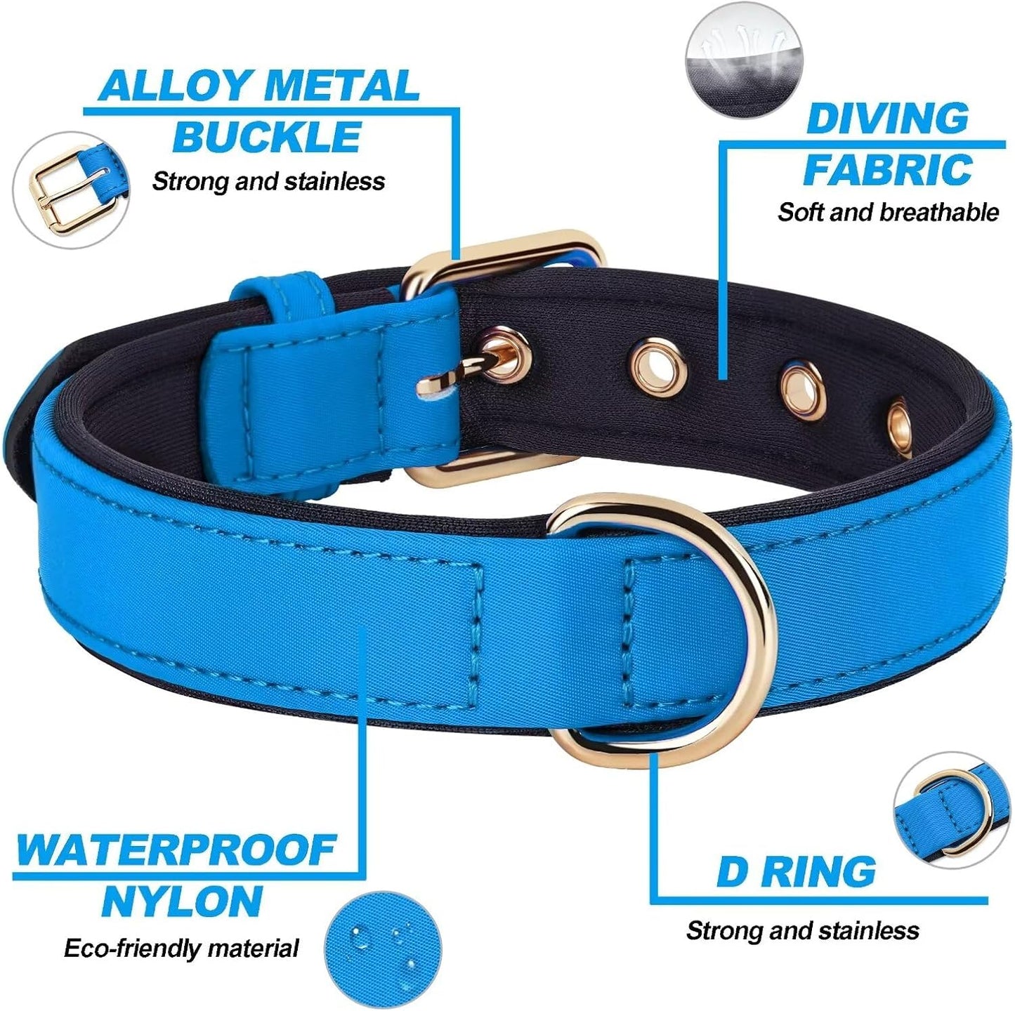 Didog Soft Padded Dog Collars for Small Dogs, Lightweight and Breathable Dog Collar with Metal Buckle for Puppy, Blue, S