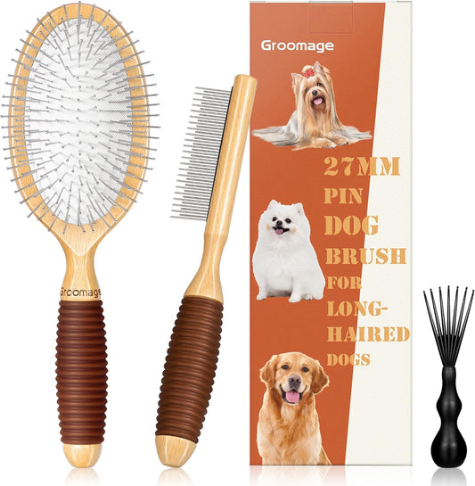 Dog Brush for Long Haired Dogs, 27mm Extra Long Metal Pin Dog Deshedding Brush and Comb Set, Short Haired Shedding Grooming Detail Pets Brush Set with Rubber Handle