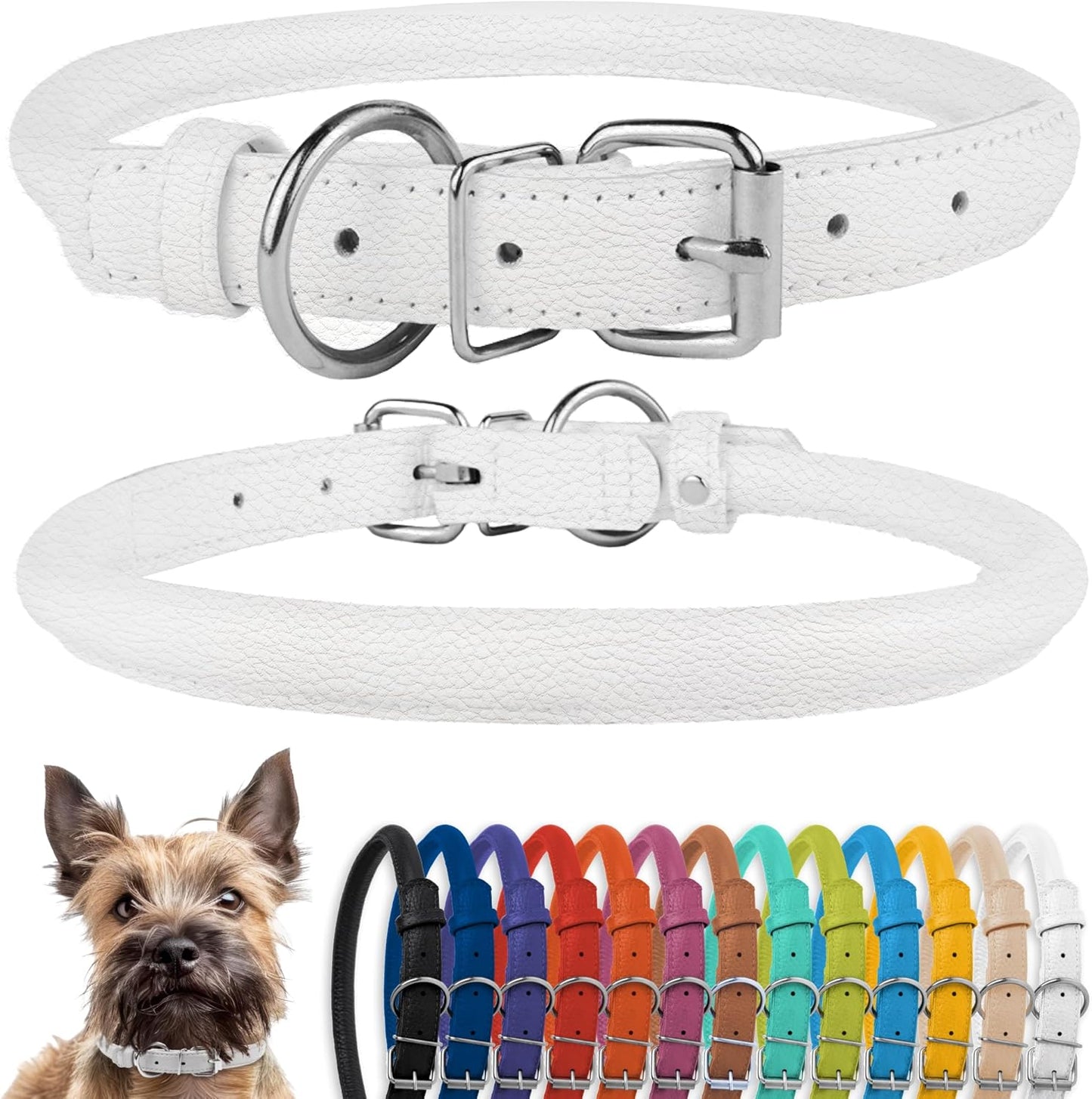 CollarDirect Rolled Leather Dog Collar, Soft Padded Round Puppy Collar, Handmade Genuine Leather Collar Dog Small Large Cat Collars 13 Colors (6 Inch, White Textured)