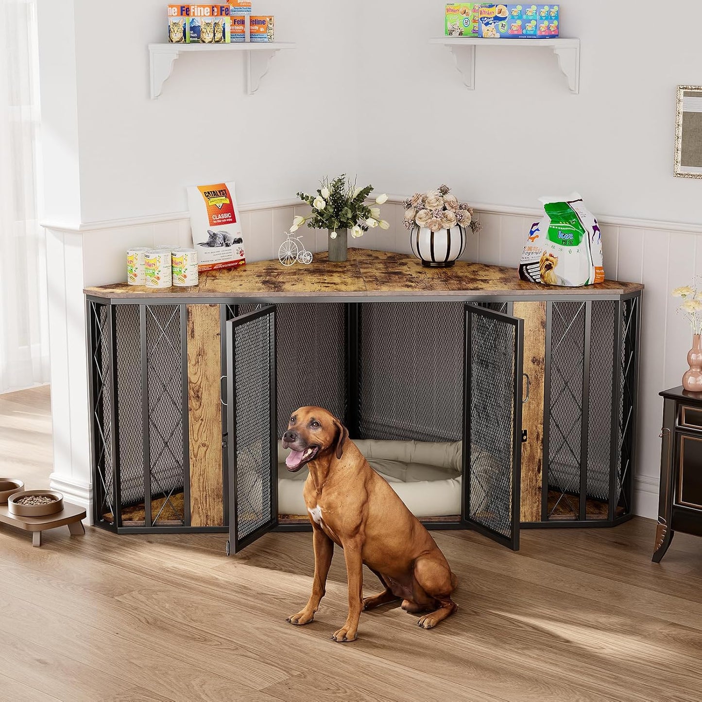 XL Corner Dog Crate Furniture, Decorative Dog Crates Dog Cage TV Stand with Diamond Metal Decoration, Wooden Dog Crate with Double Lock Design, Dog Crates Table, Retro Brown