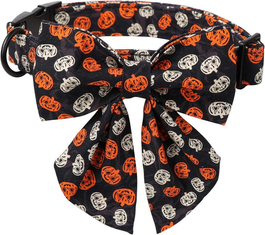 Lionet Paws Halloween Dog Collar with Bowtie - Cute Cotton Adjustable Black Bowtie Dog Collar with Metal Buckle for Small Medium Large Dog Girl Boy Gift, XS, Neck 8-12in