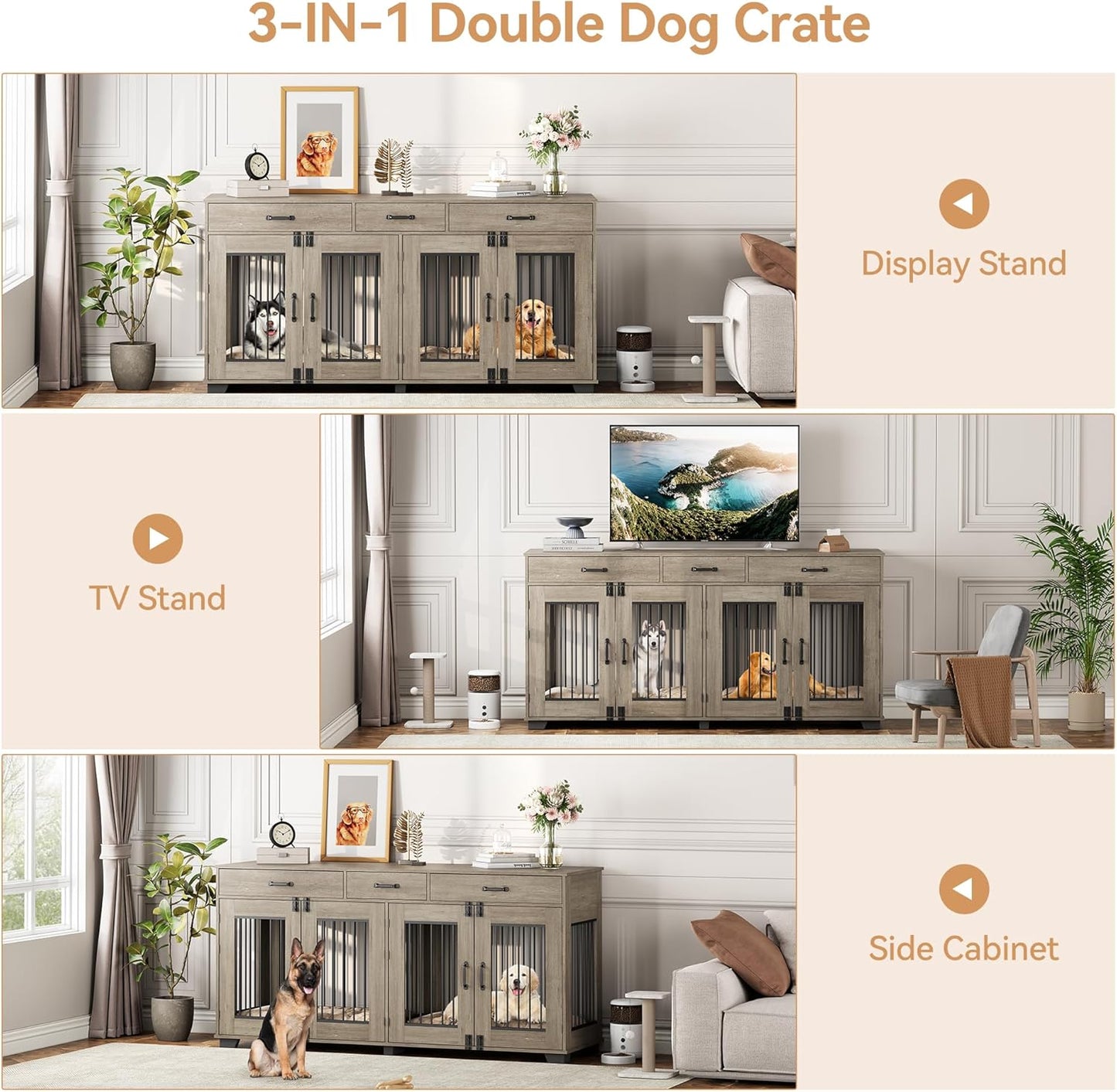 71'' Dog Crate Furniture, Wooden Indoor Dog Kennel for 2 Dogs with 3 Drawers and Removable Room Divider, XXL Double Dog Crate TV Stand End Table with Double Doors for Large Medium Dogs, Grey