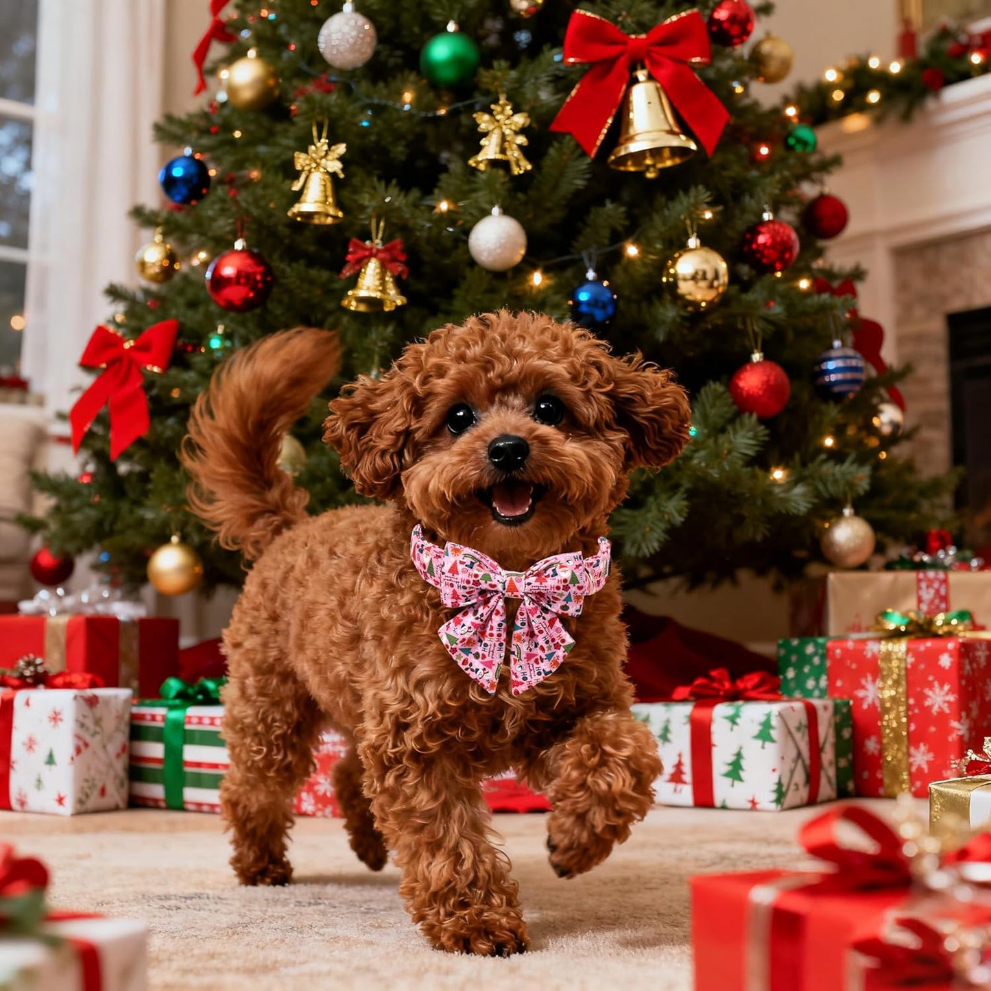 Lionet Paws Christmas Dog Collar with Sailor Bow, Cute Ho Christmas Tree Snowman Pink Dog Collar Bow Tie for Dogs, Medium, Neck 13.5-22 inches