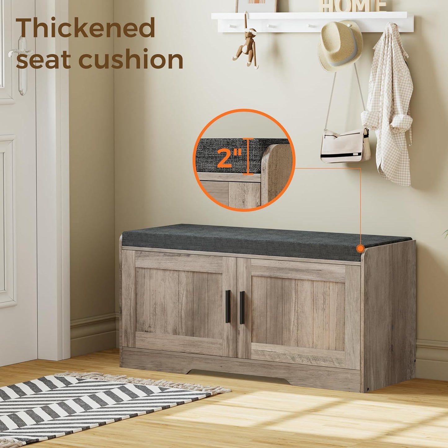 2-Tier Storage Bench, Shoe Bench with Thickened Padded Seat Cushion, Entryway Bench with 2 Doors, Adjustable Shelf, 13.8" D x 37.4" W x 18.5" H, for Entryway, Living Room, Bedroom, Greige