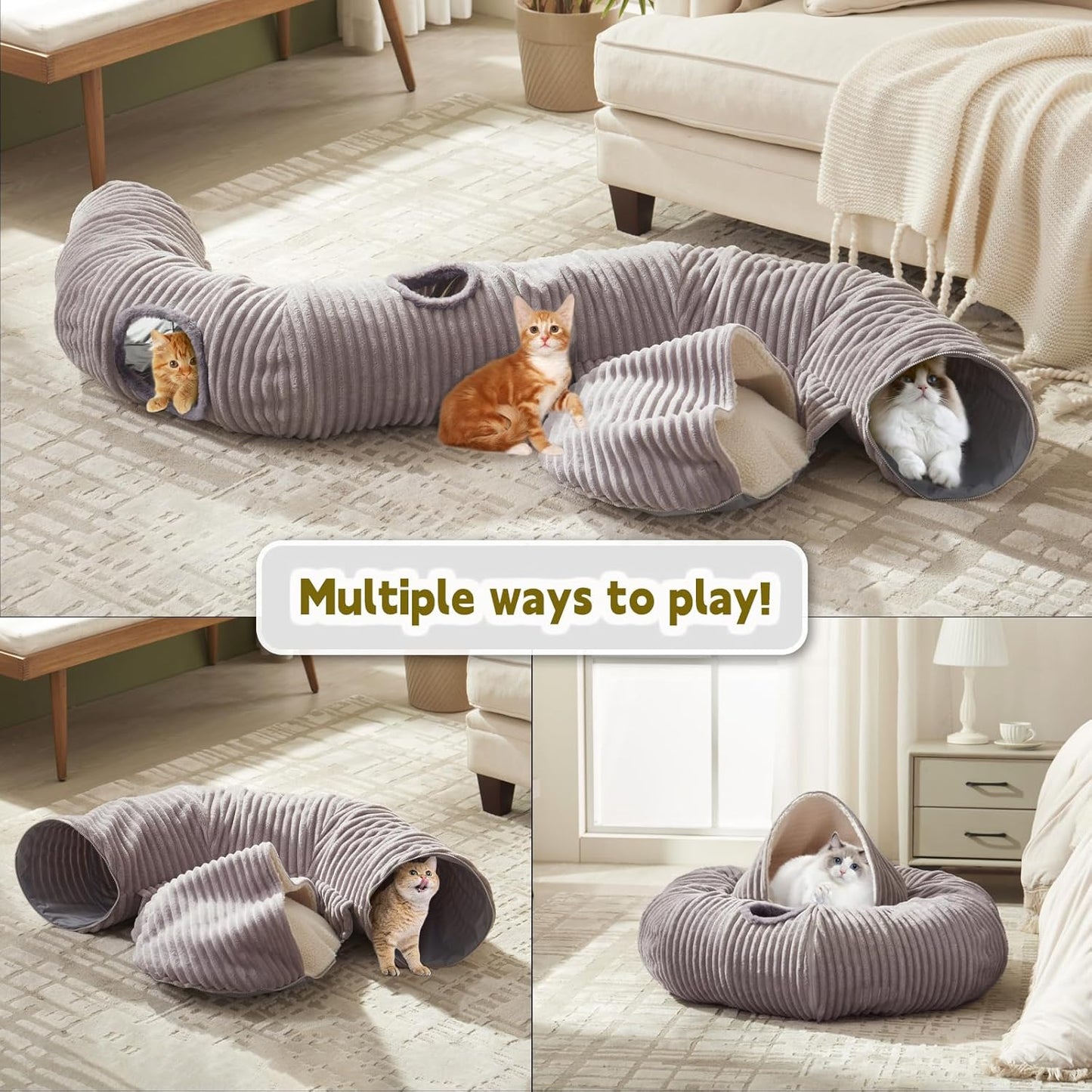 Large Cat Tunnel Bed for Indoor Cats,Cat Donut Tunnel Toy with Washable Circle Cushion,Blackout Tent, Multifunctional Playground Toys Hideplace for Kitty, Kitten, Rabbit,Ferret