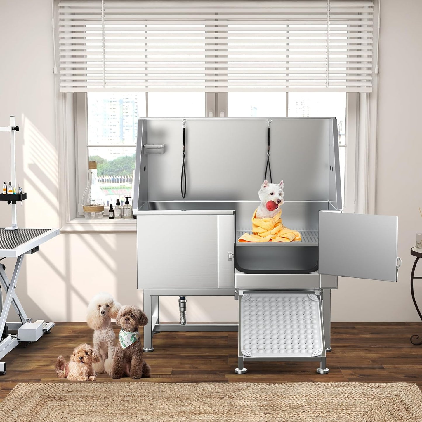 YITAHOME Dog Grooming Bathtub, Professional Stainless Steel 304 Dog Bathing Station w/Right Ramp, Faucet, Floor Grate, 50in Pet Washing Station for Large, Medium, Small Pets