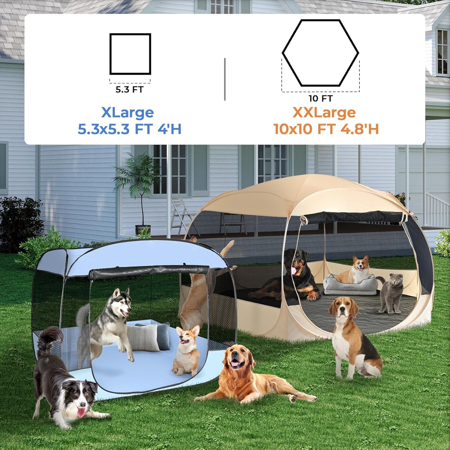 EighteenTek XXLarge Popup Portable Dog Houses, 10'x4.8'H Assembly-Free Gazebo-Style Dog Cot Cat Playpen Screen Pet Tent Sun Shade Shelter Dog Bed with Canopy for Outdoor Anti-Bugs with Leakproof Floor