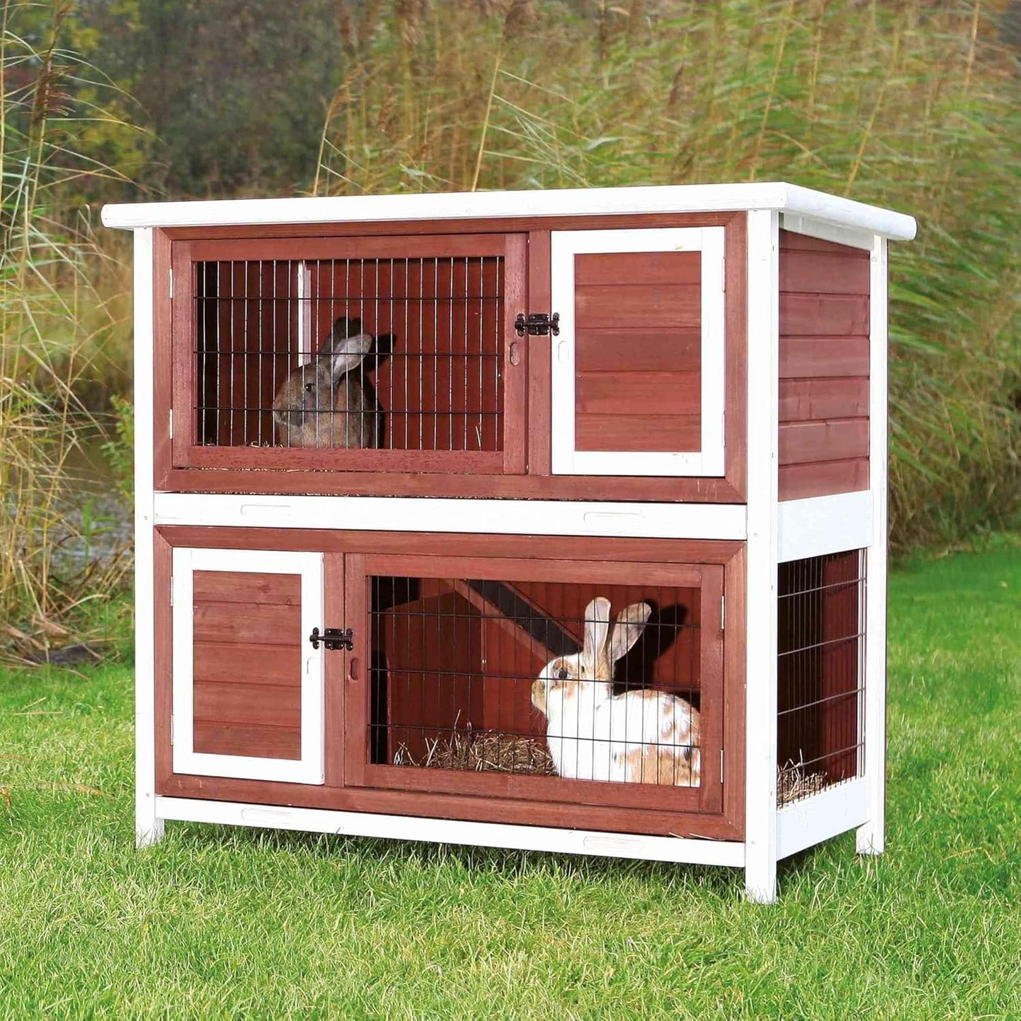 TRIXIE natura Outdoor Double Rabbit Hutch - Indoor Small Animal House, Bunny Cage with Two Sleeping & Play Areas - Includes a Non-Slip Ramp Hinged Roof & Two Pull-Out Trays - in Auburn