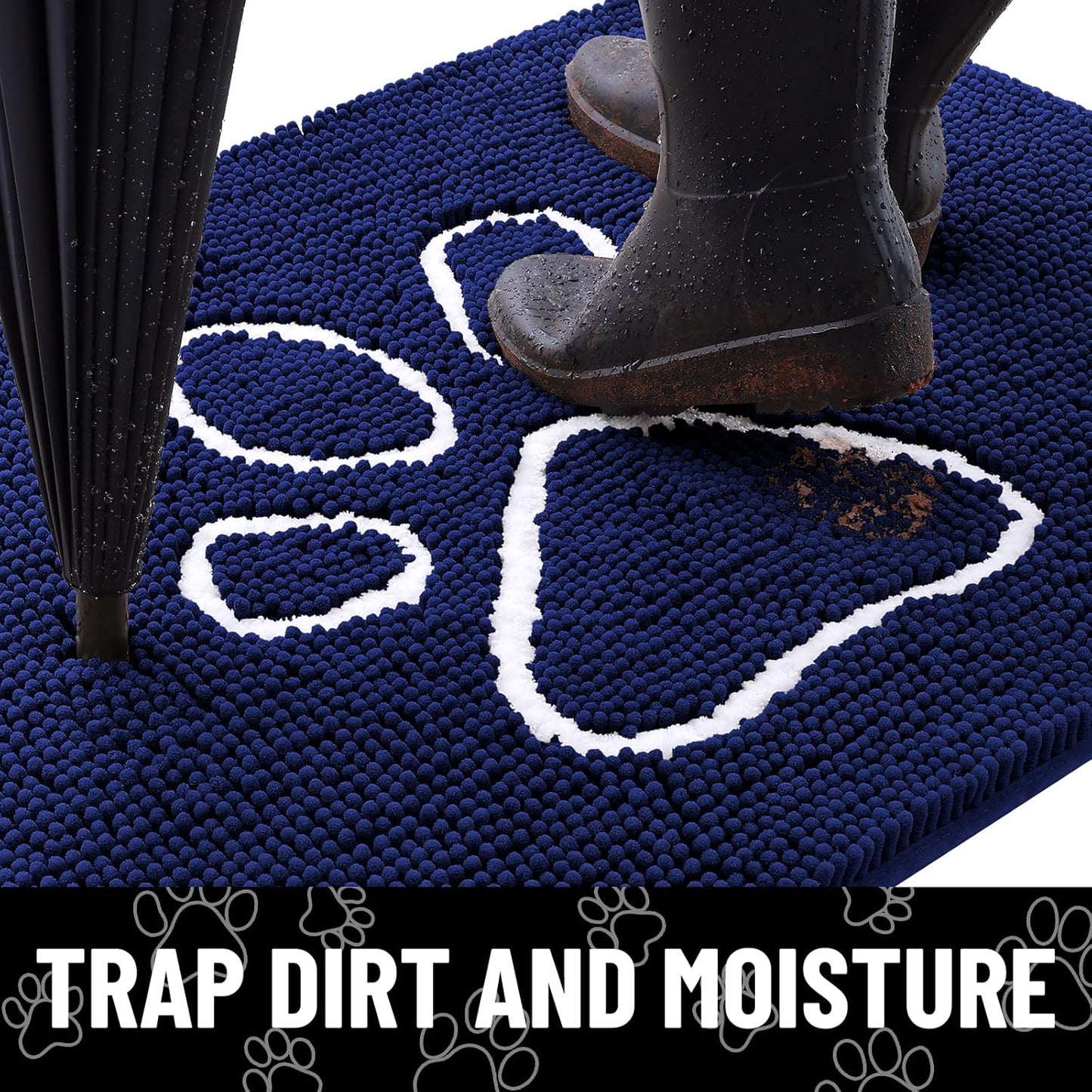 Smiry Dog Door Mat for Muddy Paws, Absorbent Dirt Trapper Non Slip Quick Dry Washable Chenille Mat for Mud Dogs, Entry Rug for Indoor and Outdoor (71x46 Inches,Navy Blue)