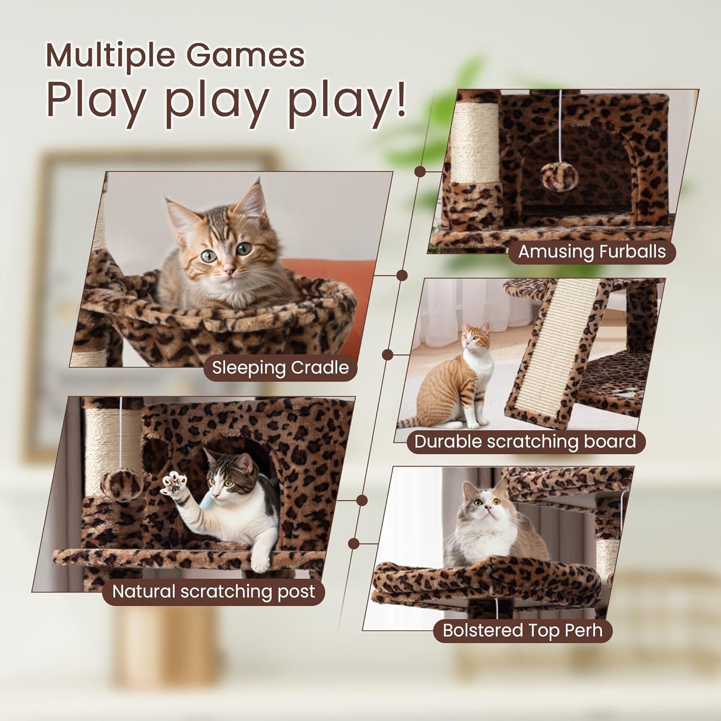 SHA CERLIN 68 Inches Multi-Level Large Cat Tree for Large Kitties/Big Cat Tower with Condo/Cozy Plush ‌Pussycat Perches/Sisal Scratching Posts and Hammocks/Activity Center/Leopard Print