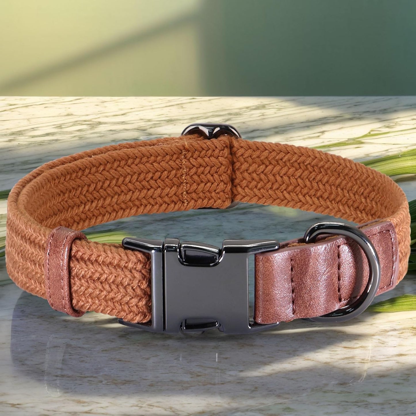PET ARTIST Soft Cotton Dog Collars for Small Dogs in Rustic Brown, Simple Dog Collar with Quick Release Metal Buckle & D Ring, S Size (10-16")