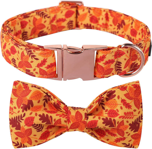 Lionet Paws Dog Collar with Bowtie - Cute Cotton Adjustable Fall Bowtie Dog Collar with Metal Buckle for Small Medium Large Dog Girl Boy Gift, M, Neck 13.5-22in
