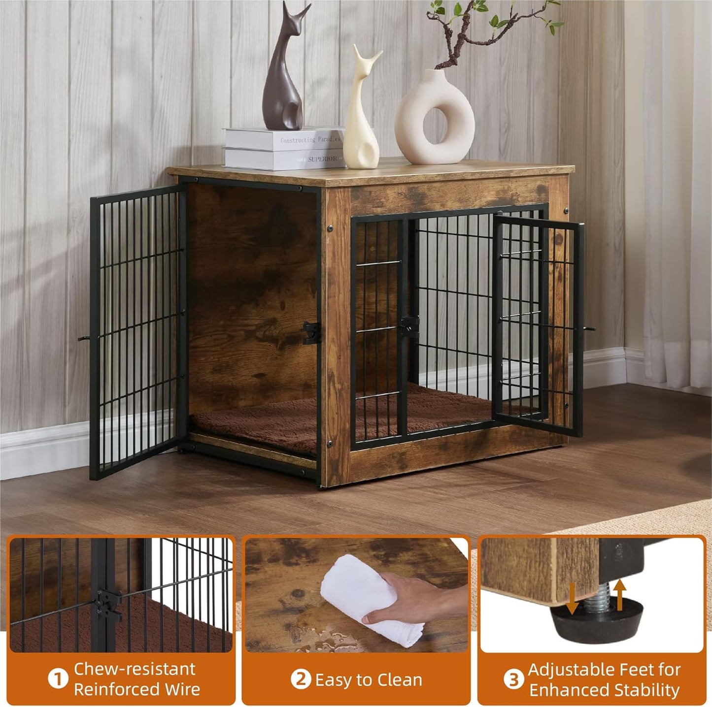 FLEXIMOUNTS Dog Crate Furniture with Cushion, Wooden Dog Kennel Furniture, Heavy Duty Dog Cage, 27" Dog Kennel with Double Doors