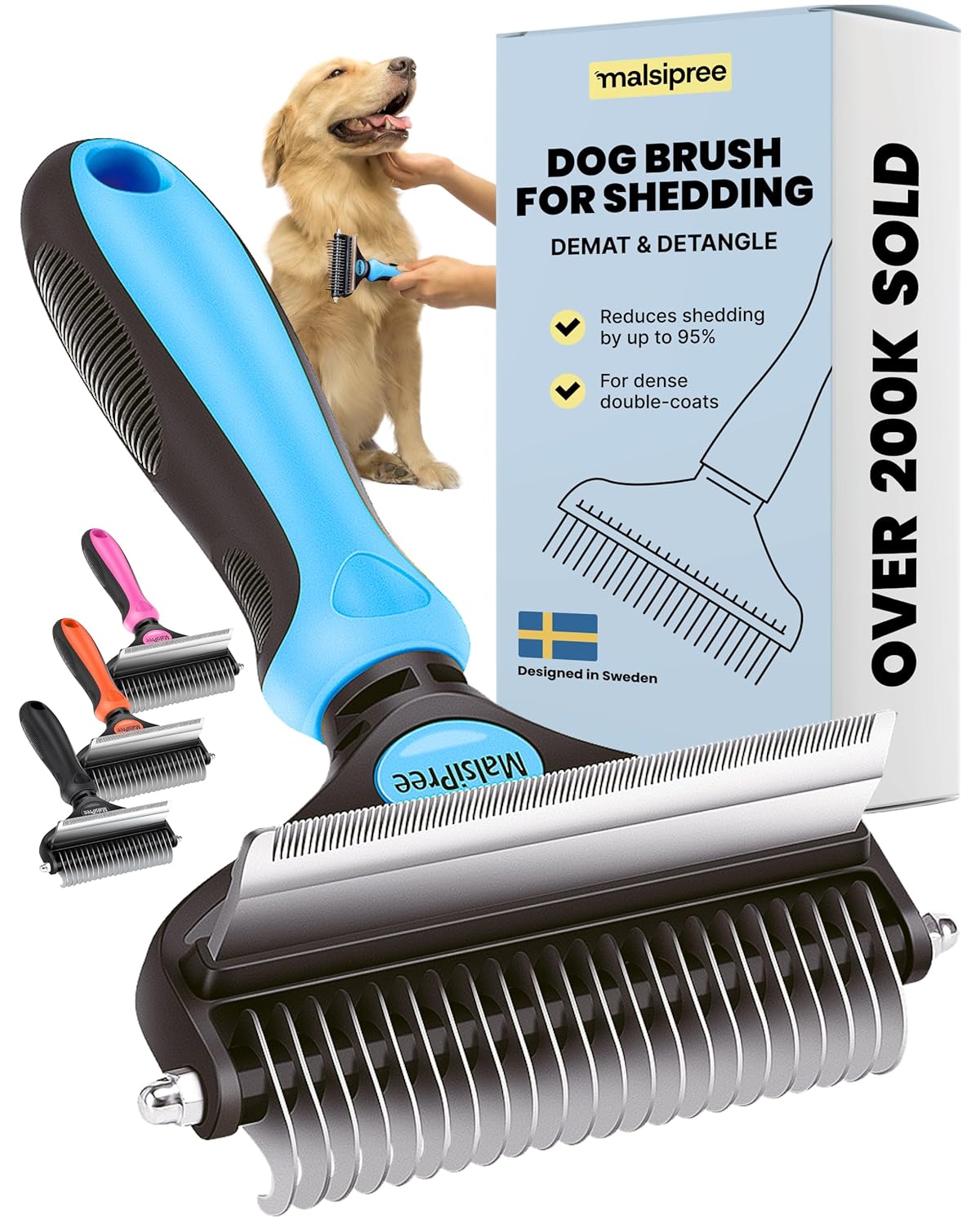 MalsiPree Dog Brush for Shedding - Large, Blue, 2-in-1 - Deshedding Dog Grooming Brush & Undercoat Rake with Dematting Comb for medium to Large Double Coated