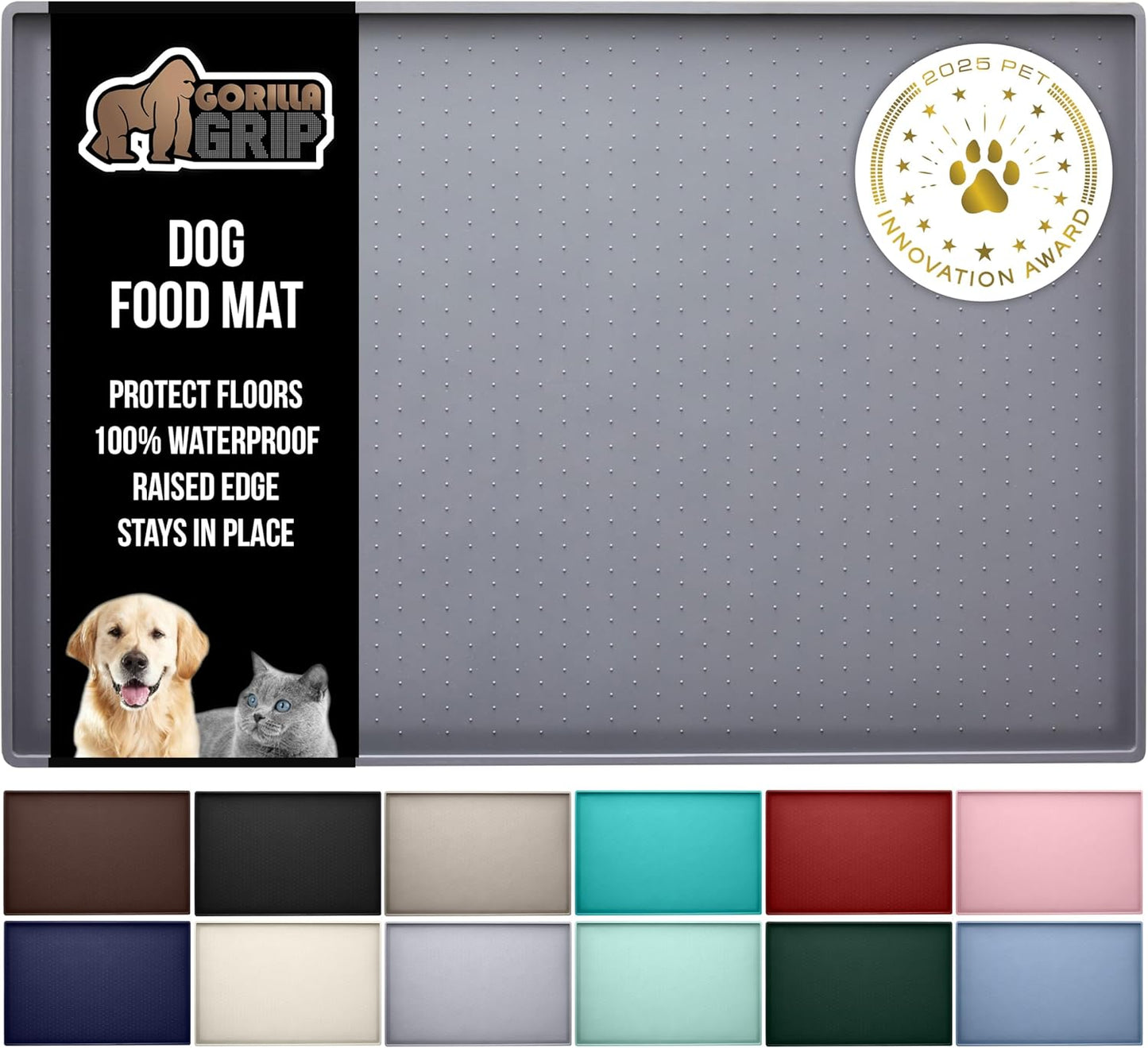 GORILLA GRIP 100% Waterproof Raised Edge BPA Free Silicone Pet Feeding Mat, Dog Cat Food Mats Contain Spills Protects Floors, Placemats for Cats and Dogs Water Bowl, Pets Accessories 18.5x11.5 Gray