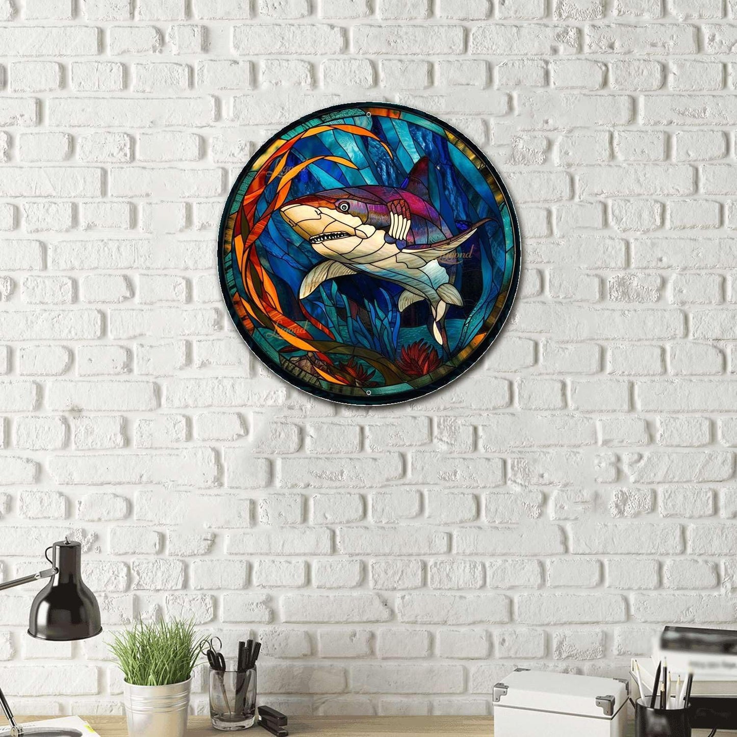 Lygond Metal Shark Tin Sign - Stained Glass Style, 8x8 Inches
