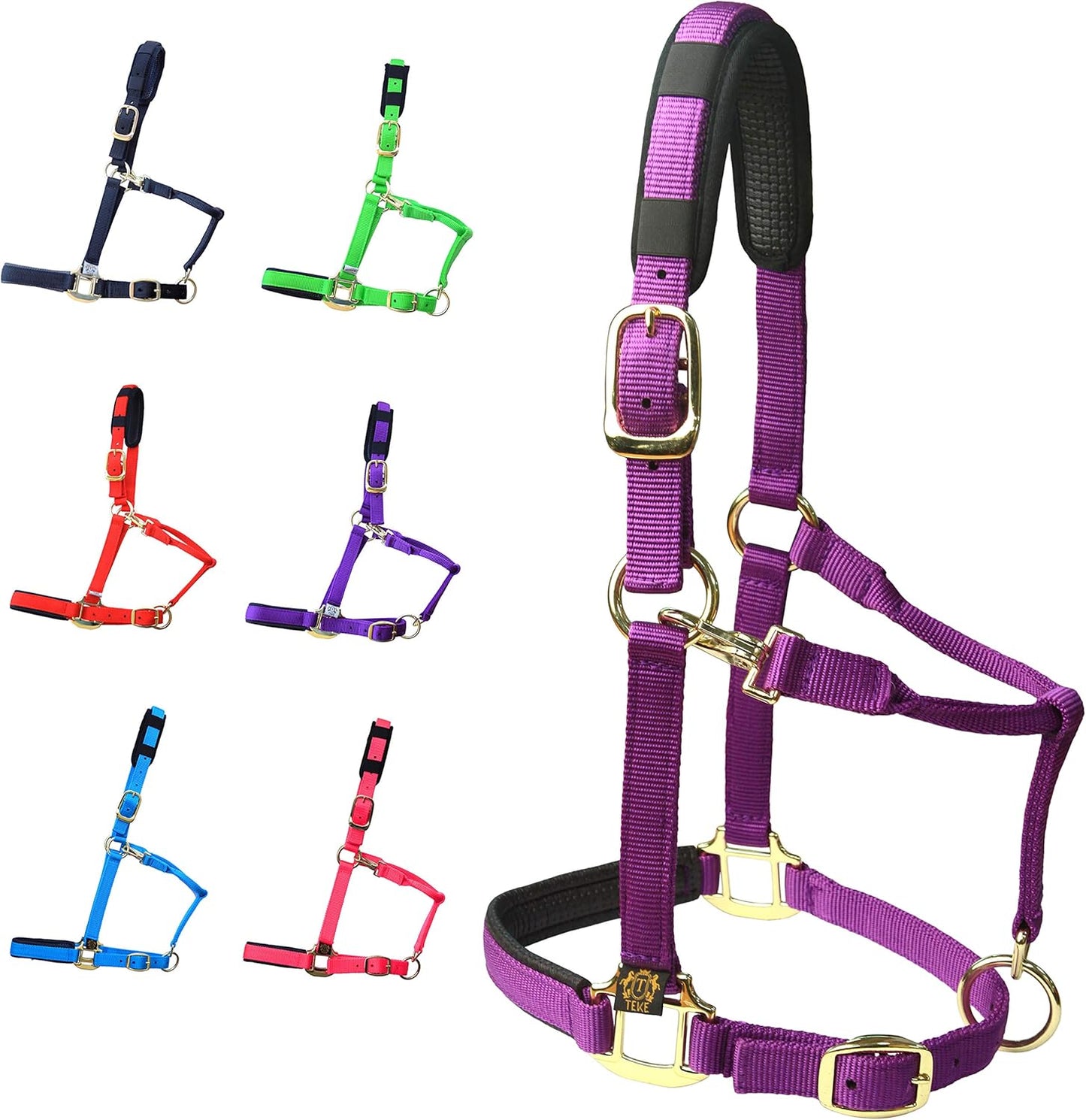 T TEKE Adjustable Horse Halters by Heavy Duty Soft Nylon, Padded with Anti-rubbing Waffle Neoprene on Both Crown & Nose