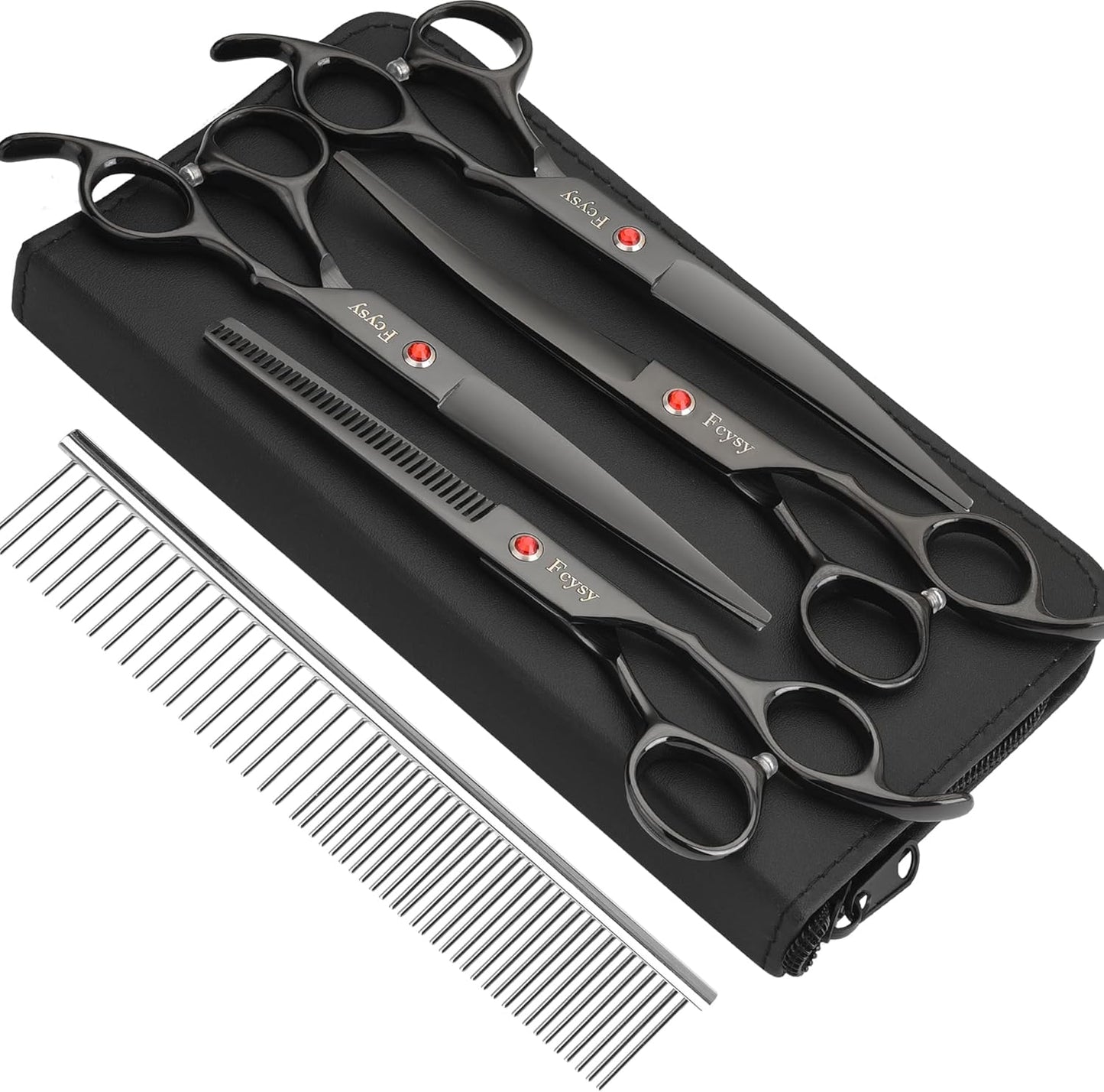 Dog Grooming Scissors Kit, Fcysy Professional Pet Hair Cutting Shears Set with Curved & Straight Blades Scissors Thinning Shears– Stainless Steel Grooming Tools for Dogs & Cats at Home