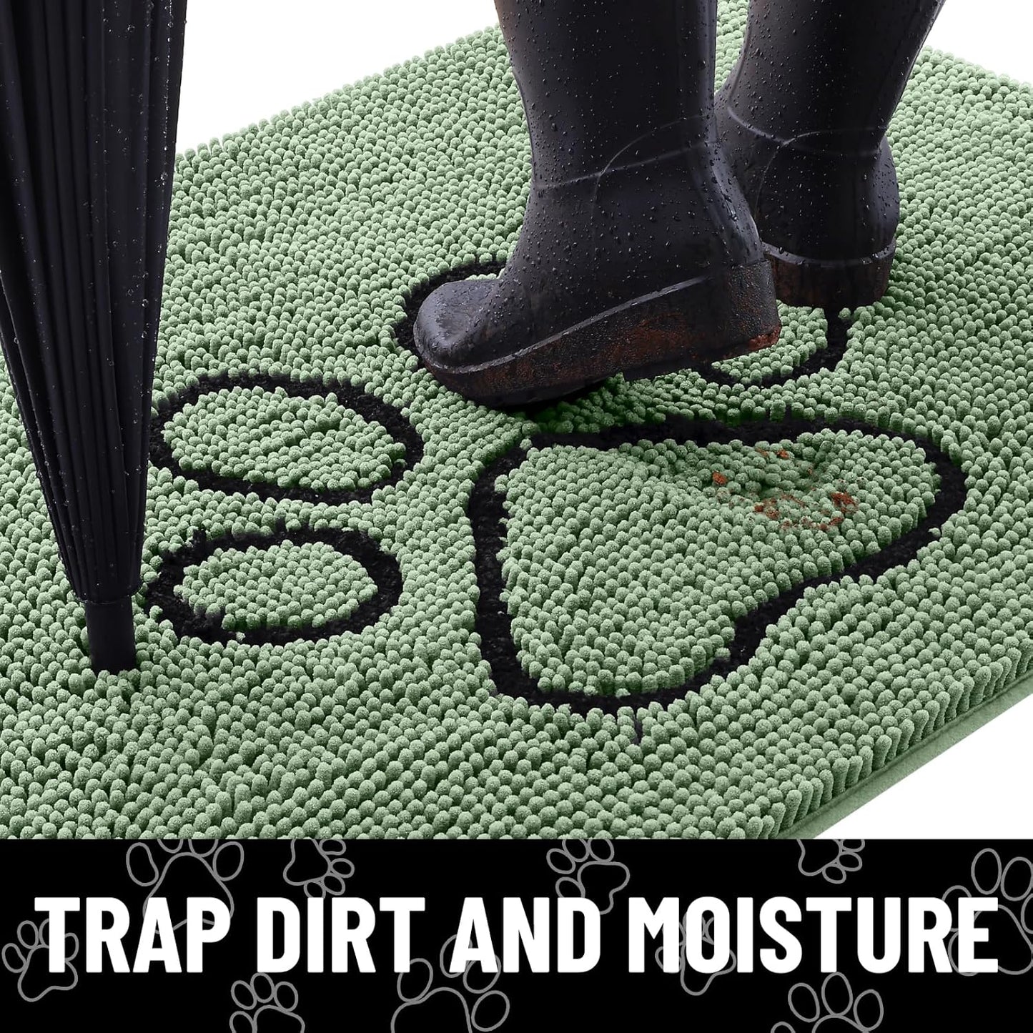 Smiry Dog Door Mat for Muddy Paws, Absorbent Dirt Trapper Non Slip Quick Dry Washable Chenille Mat for Mud Dogs, Entry Rug for Indoor and Outdoor (30x20 Inches, Olive Green and Black)