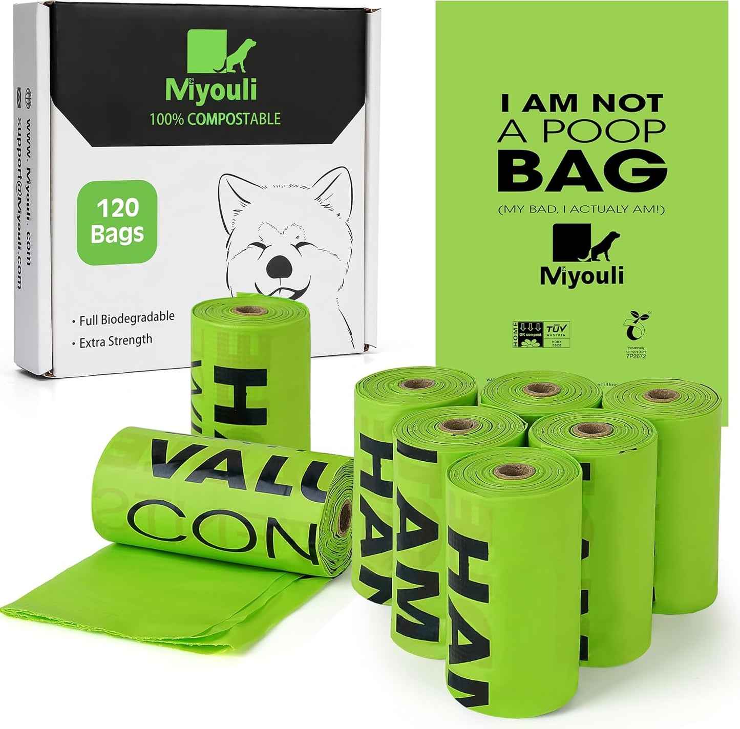 100% Certified Compostable Dog Poop Bag Rolls, 120 Bags (8 Rolls) Eco-Friendly Poop Bags for Dogs, Leak Proof Unscented Easy Open Poop Waste Bag（Green）