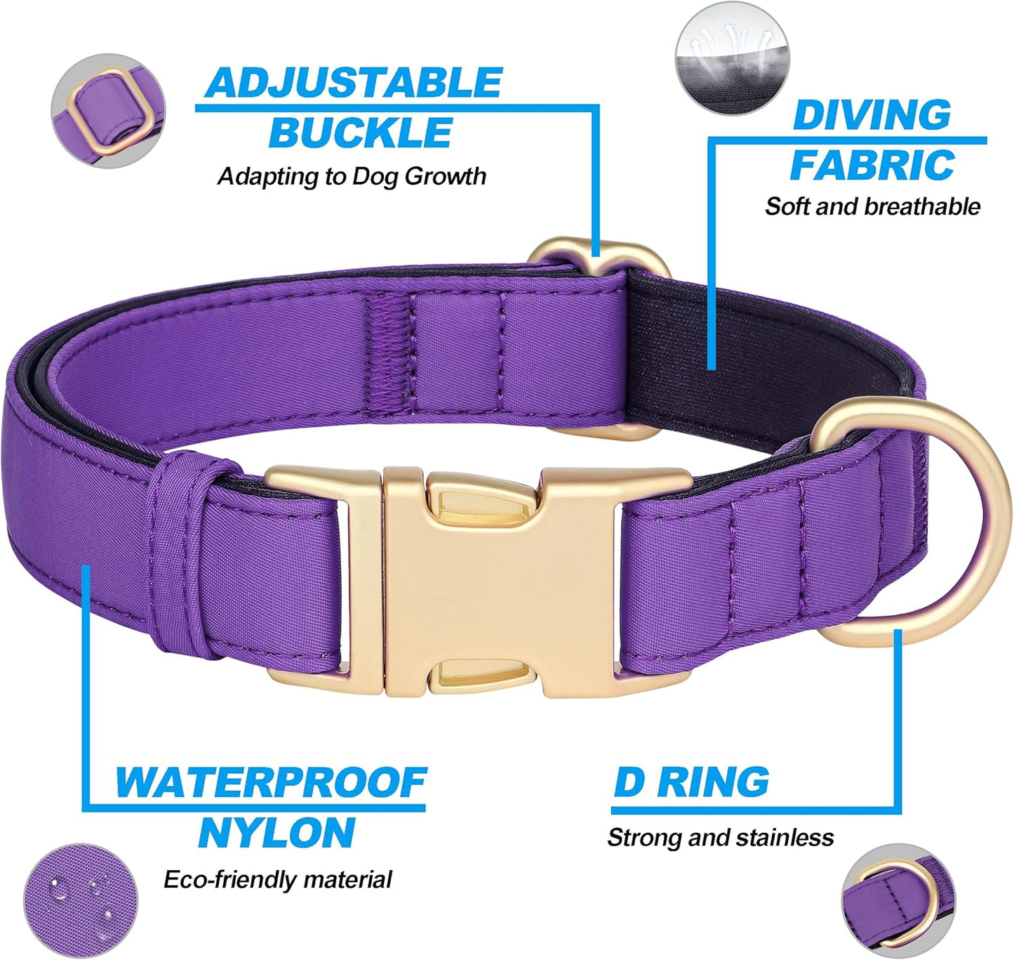 Didog Soft Padded Dog Collars for Medium Dogs, Colorful and Durable Dog Collar with Quick Release Buckle, Light and Breathable for Daily Walking, Purple, M