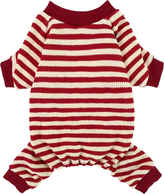 Fitwarm Red and White Striped Dog Pajamas, Waffle Dog Clothes for Small Dogs Girl Boy, Puppy Onesie with Feet, Pet Christmas Outfit, XS