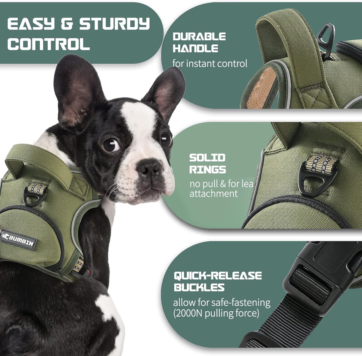 No Pull Dog Harness for Medium Dogs, Adjustable No Choke Pet Vest with Dog Leash Fit Smart Reflective Pet Walking Harness for Training Easy Control Soft Handle Green M