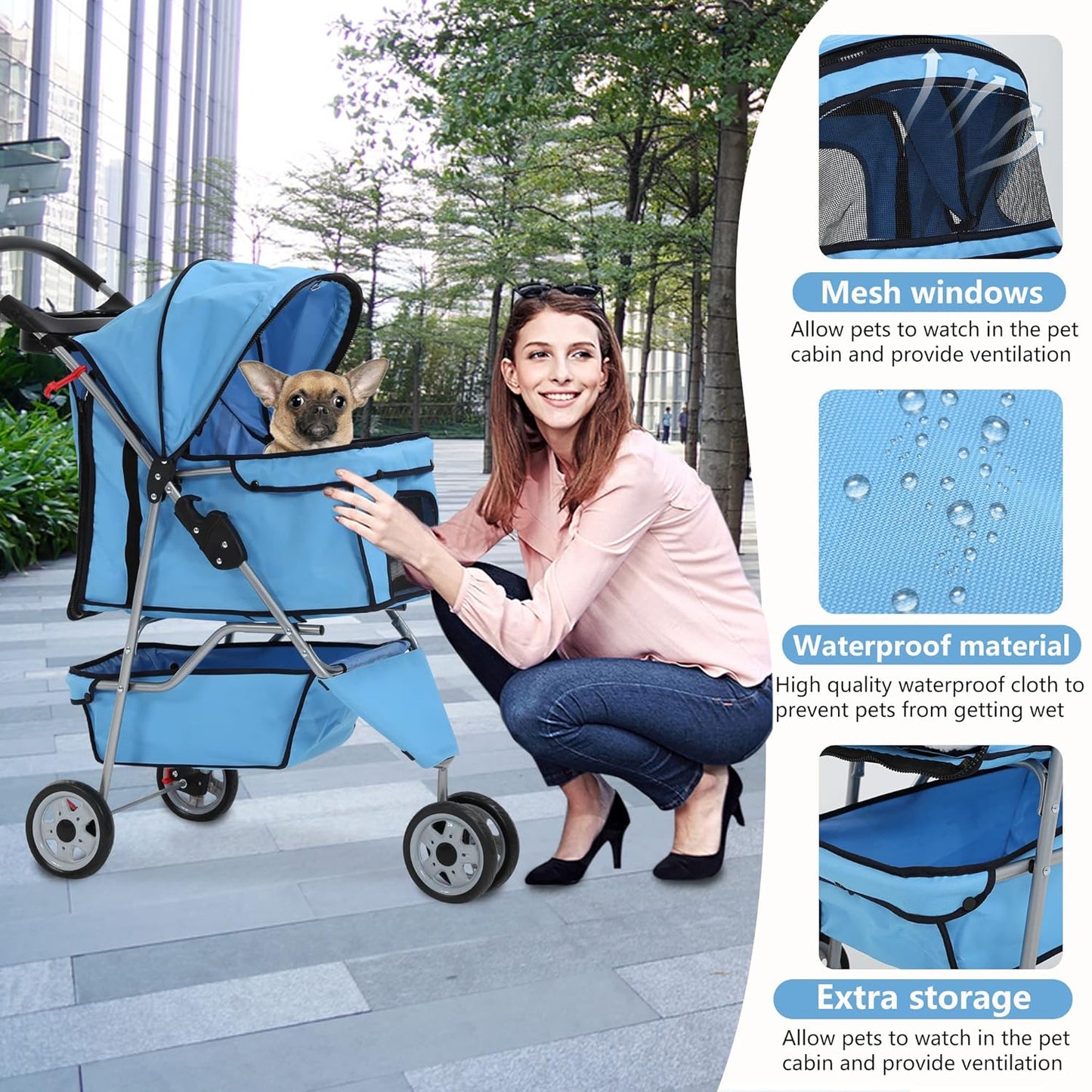 Dog Stroller,3 Wheels Travel Folding Pet Stroller for Small Medium Dog Cat Jogger Stroller with Storage Basket Removable Liner Blue