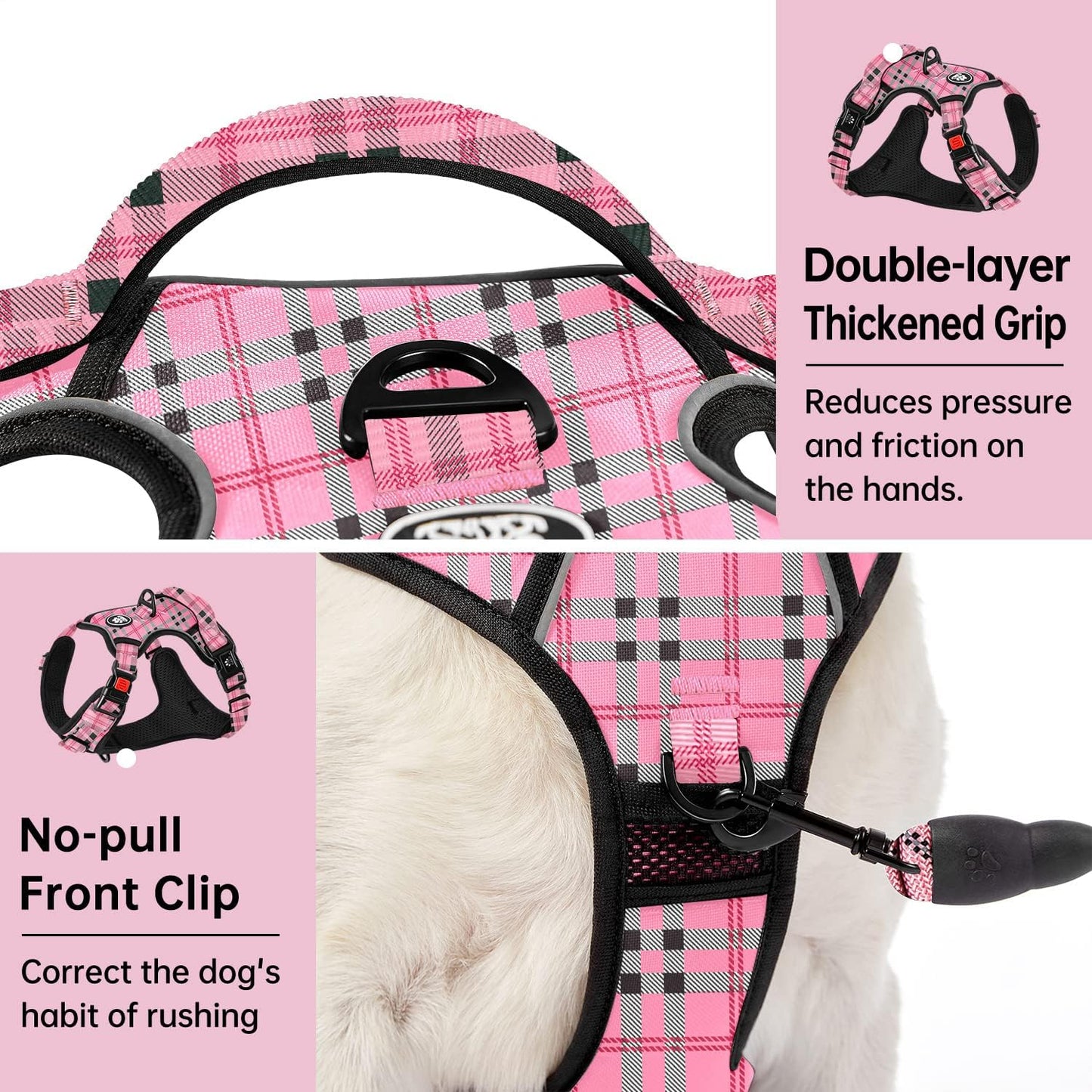 IVY&LANE No Pull Dog Harness with Leash Set, Reflective No Choke Pet Vest,Adjustable Oxford Dog Vest Harness with Easy Control Handle for Medium Lagre Dogs (Checkered Pink,M)