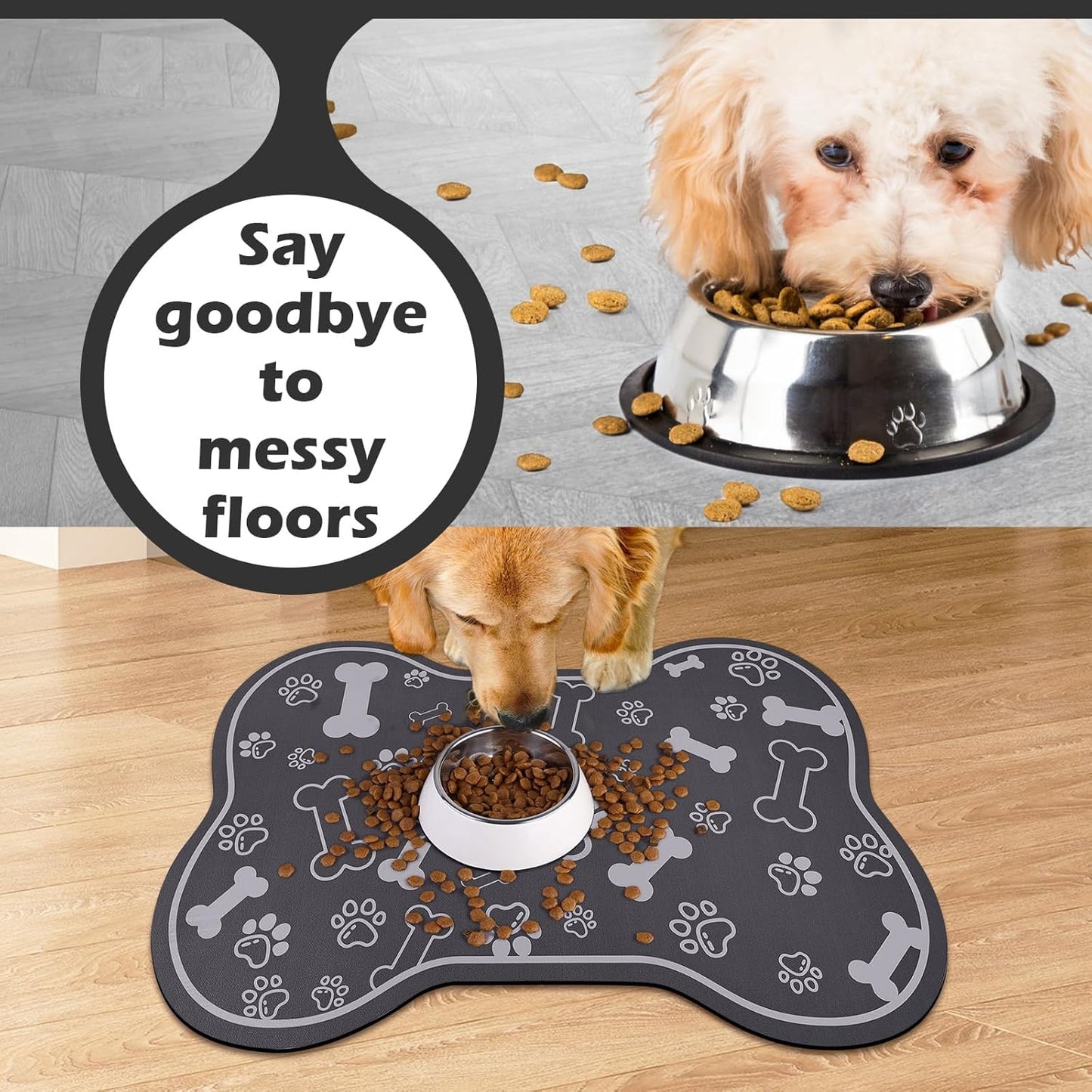 Dog Cat Food Mat,Rapid AbsorbentPet Feeding Mat, Bone Shaped Dog Placemat Water Bowl Mat with Rubber Backing,No Stains Dog Cat Food Mats Indoor, Pet Accessories Supplies 17""×29"" Dark Grey