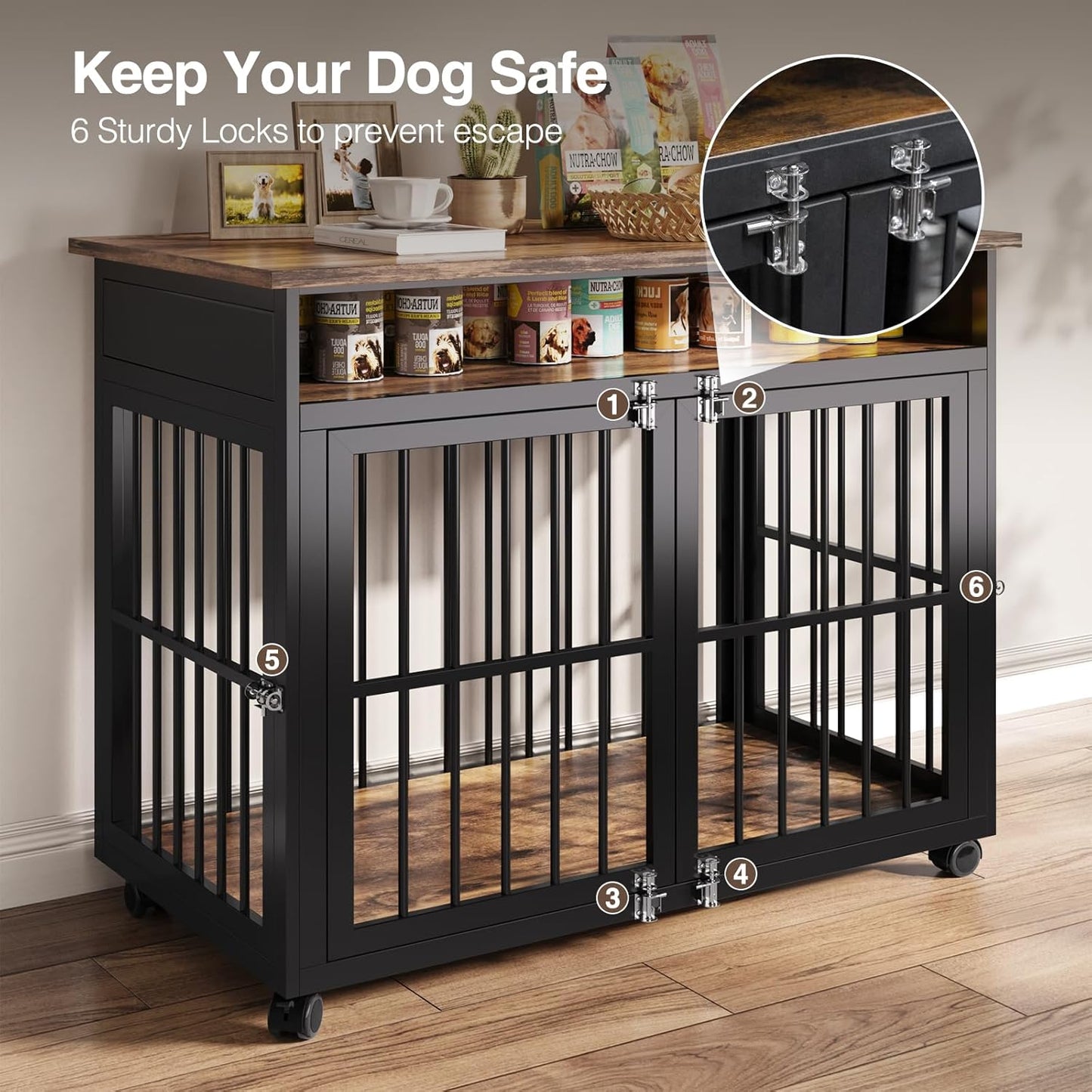 39.4" Dog Crate Furniture for Medium and Large Breed, Dog Kennel Furniture with Storage Shelf & Lockable Wheels, Heavy Duty Wooden End Side Table Pet Cage Indoor, Chew-Resistant, Brown