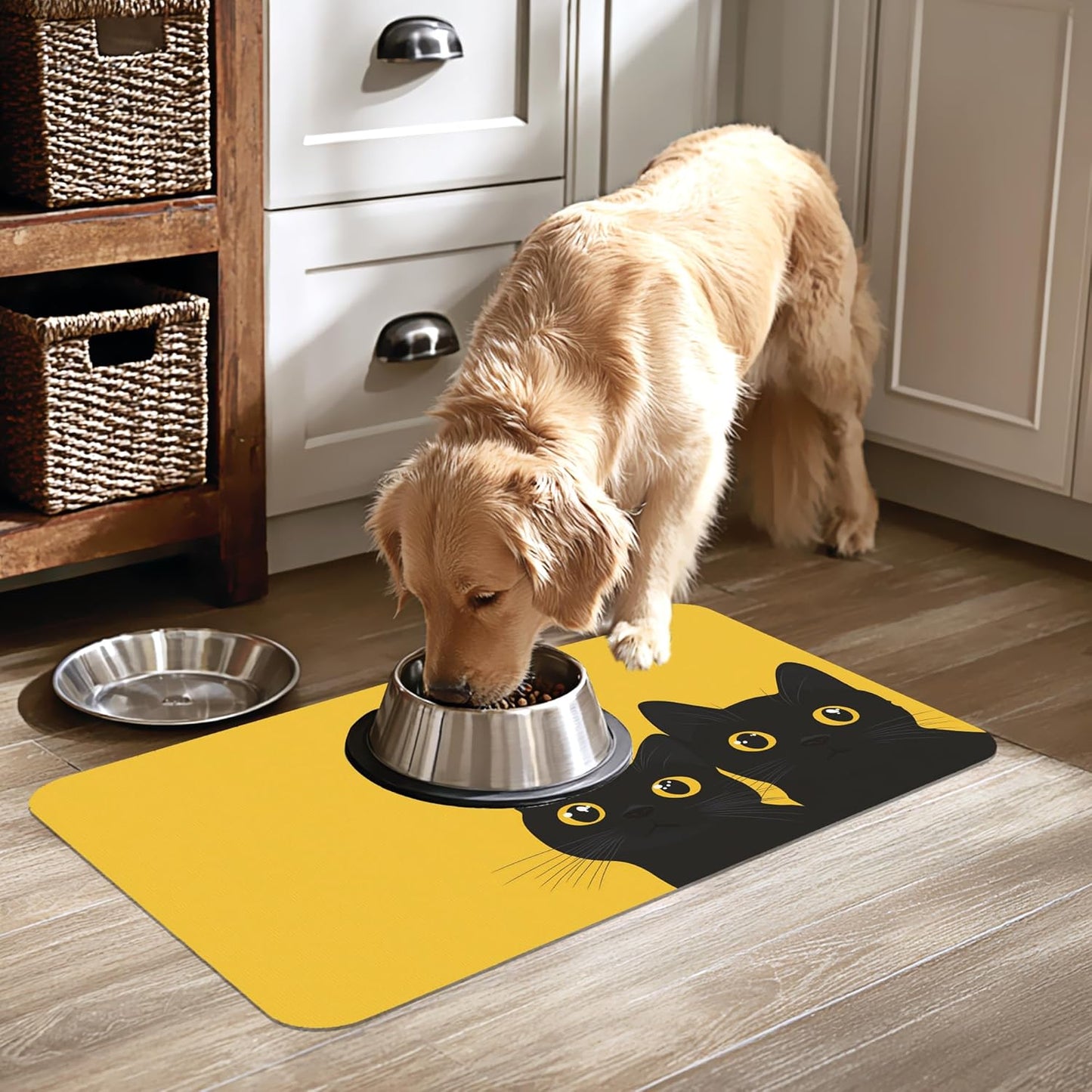 Cute Black Cat Peeking Dog Cat Food Mat-Absorbent Placemat for Food and Water Bowl, Waterproof Non Slip Rubber Backing Dog Food Mats for Floors, Pet Supplies 12 * 20 inch