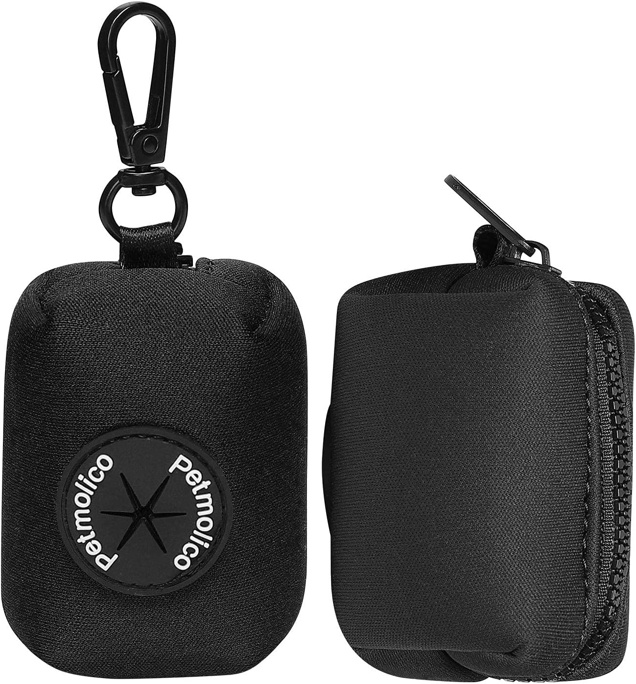 Petmolico Dog Poop Bag Holder Leash Attachment, Dog Waste Bag Dispenser Zippered Pouch, Fits Any Puppy Leash, Includes Free Roll of Poop Bags, Poop Bag Dispenser - 2 Pack, Black
