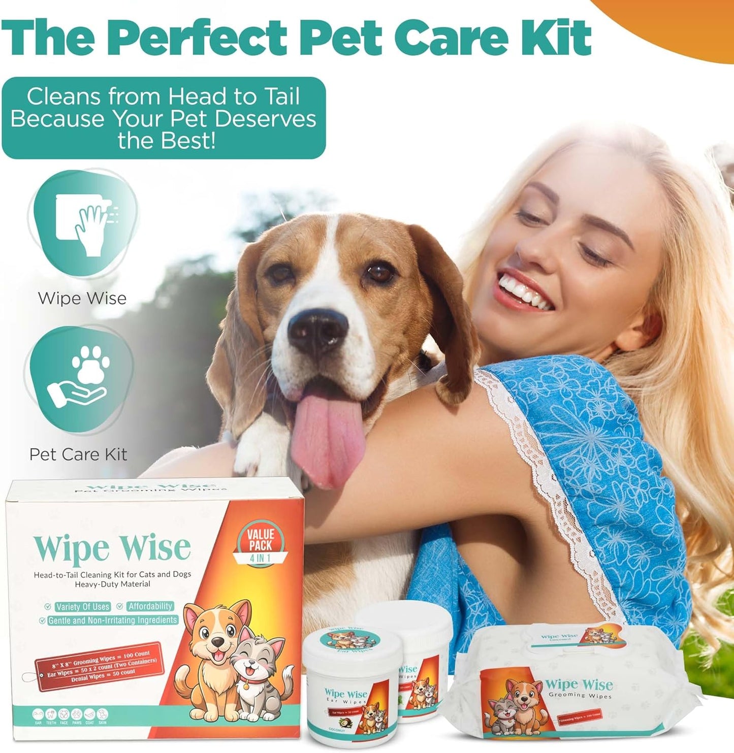 100 Pet Wipes (8x8'' Unscented) - 100 Ear Wipes (Coconut) - 50 Dental Wipes (Mint Infused) for Dogs & Cats, 250 Wipes, Alcohol-Free, Safe & Gentle- Great Value Bundle, Pet Care