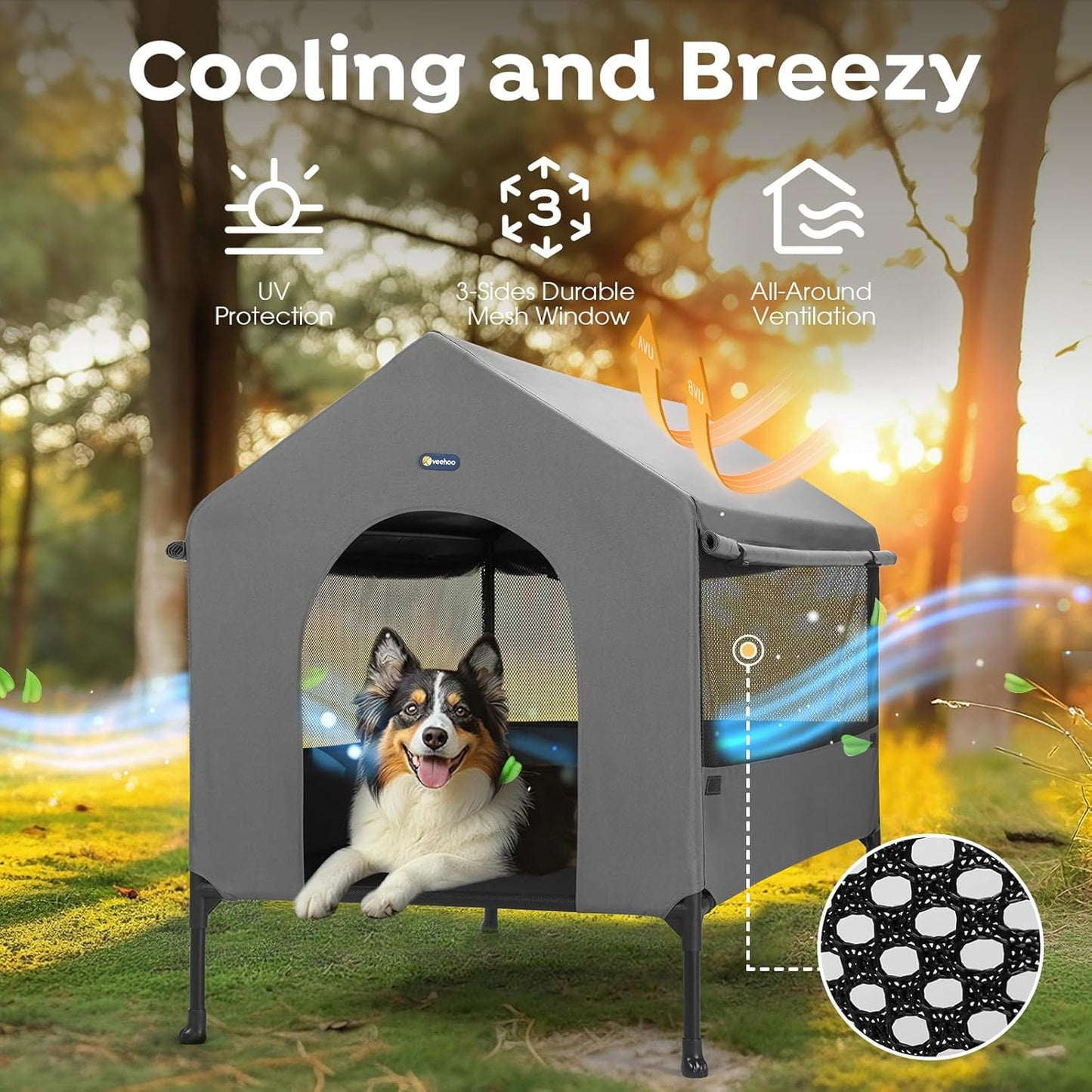 Veehoo 29" Dog House, 2-in-1 Small Dog House Outdoor Indoor Weatherproof, Outside Elevated Dog Cot Bed Dog Tent Shade, Three-Sided Breathable Mesh Windows and Sunshades, CWC2435CP
