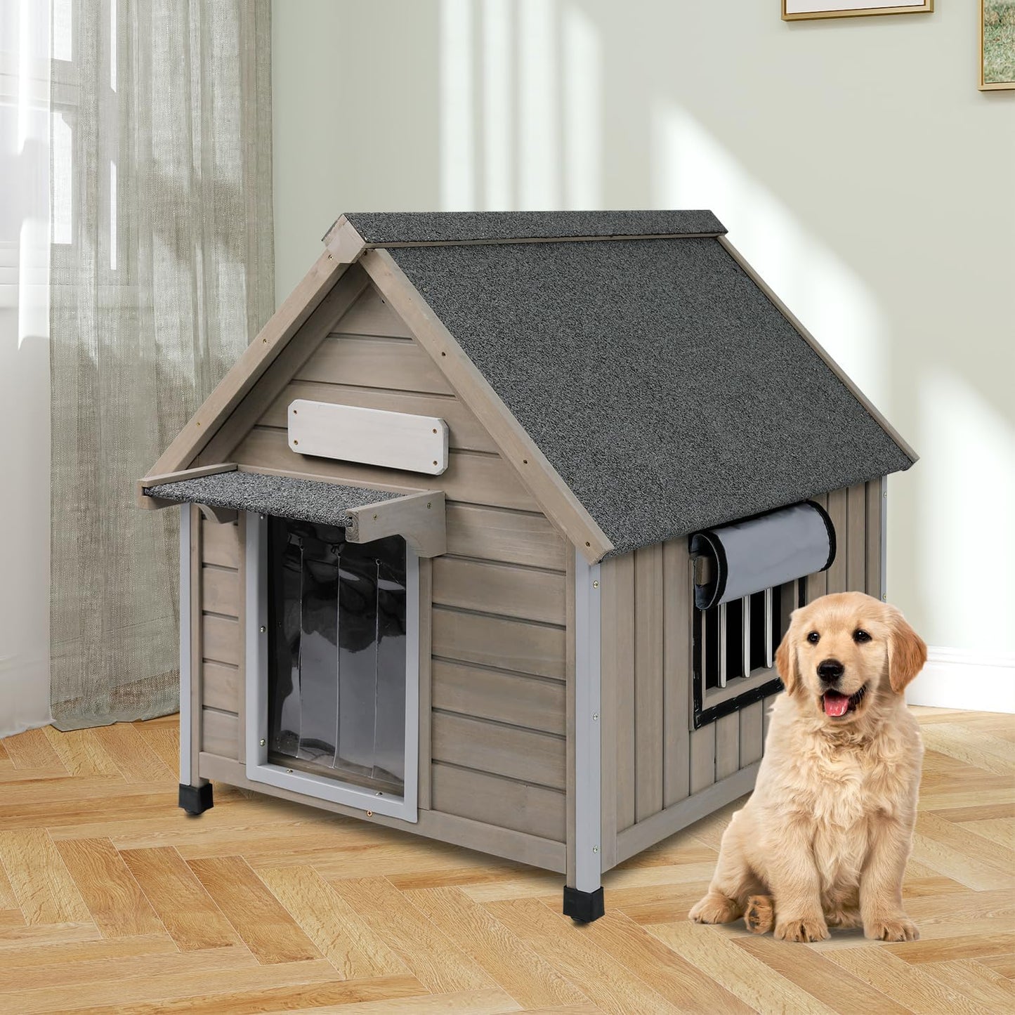 Outdoor Dog House Weatherproof Large Wooden Dog Kennel Indoor for Small Dogs with Chew-Proof Frame, Oxford Fabric Window, Removable Floor Pet Shelter (Grey, 26" D x 31.9" W x 32" H)