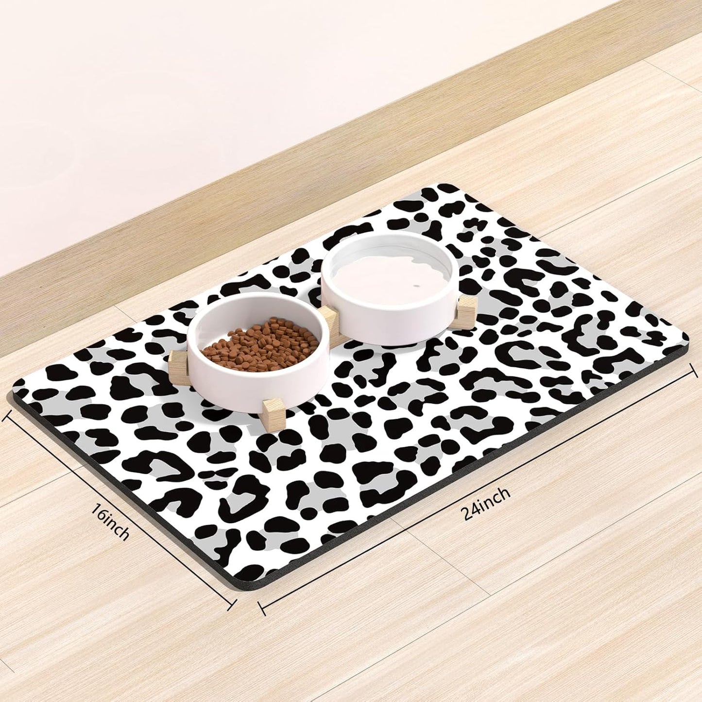 Rnivvi Dog Food Mat, 16" x 24" Leopard Absorbent Dog Cat Bowl Mat for Food and Water, Cute Anti-Slip Rubber Pet Feeding Rug Protect Floors, Puppy Placemat for Feeding & Watering Supplies, Leopard